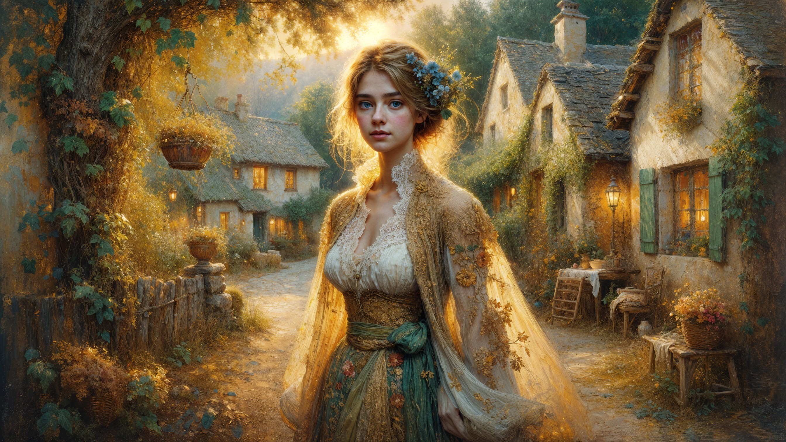 Village Scene with Young Woman in Floral Dress
