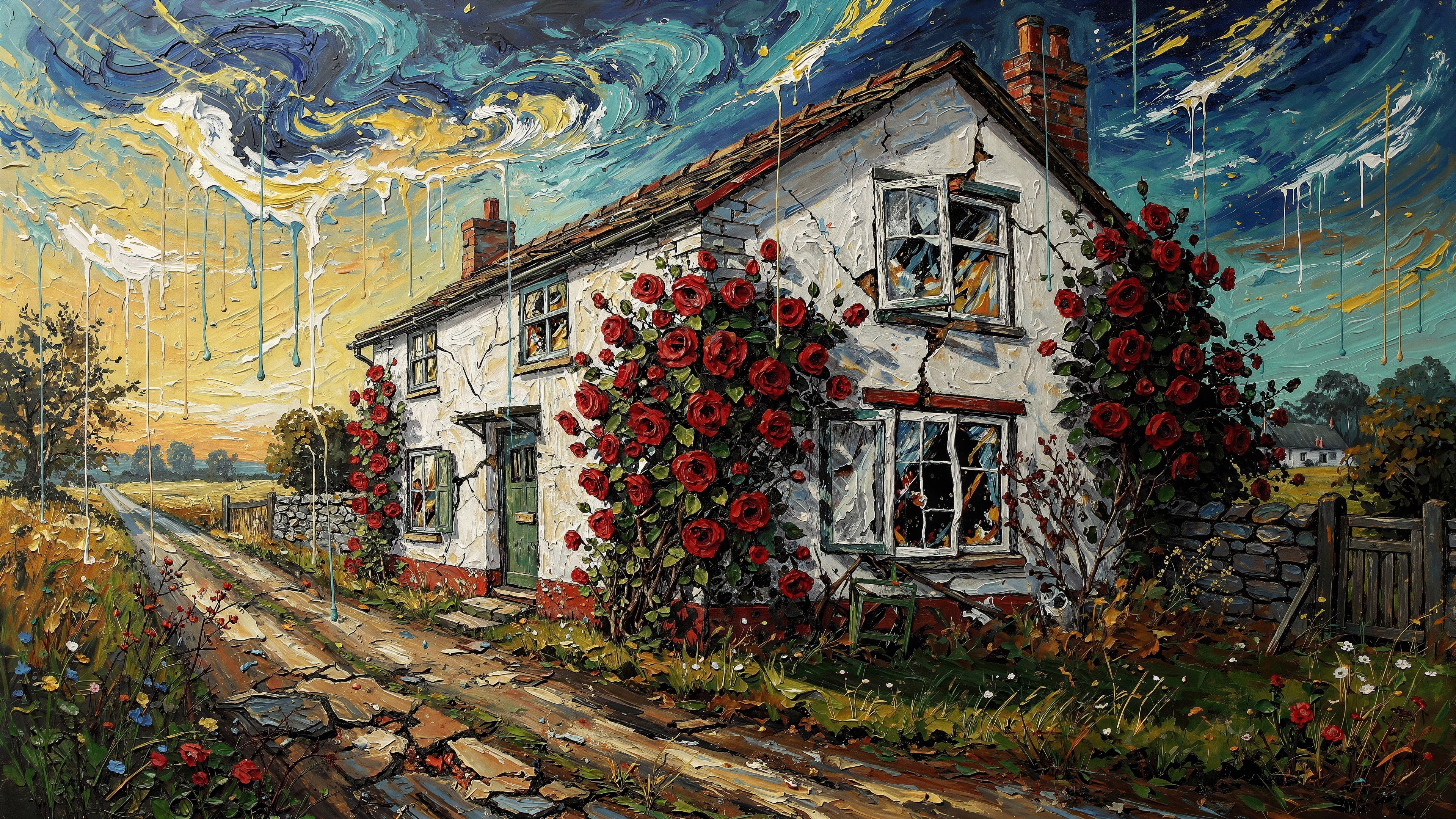 Impressionistic Painting of a Cottage with Roses