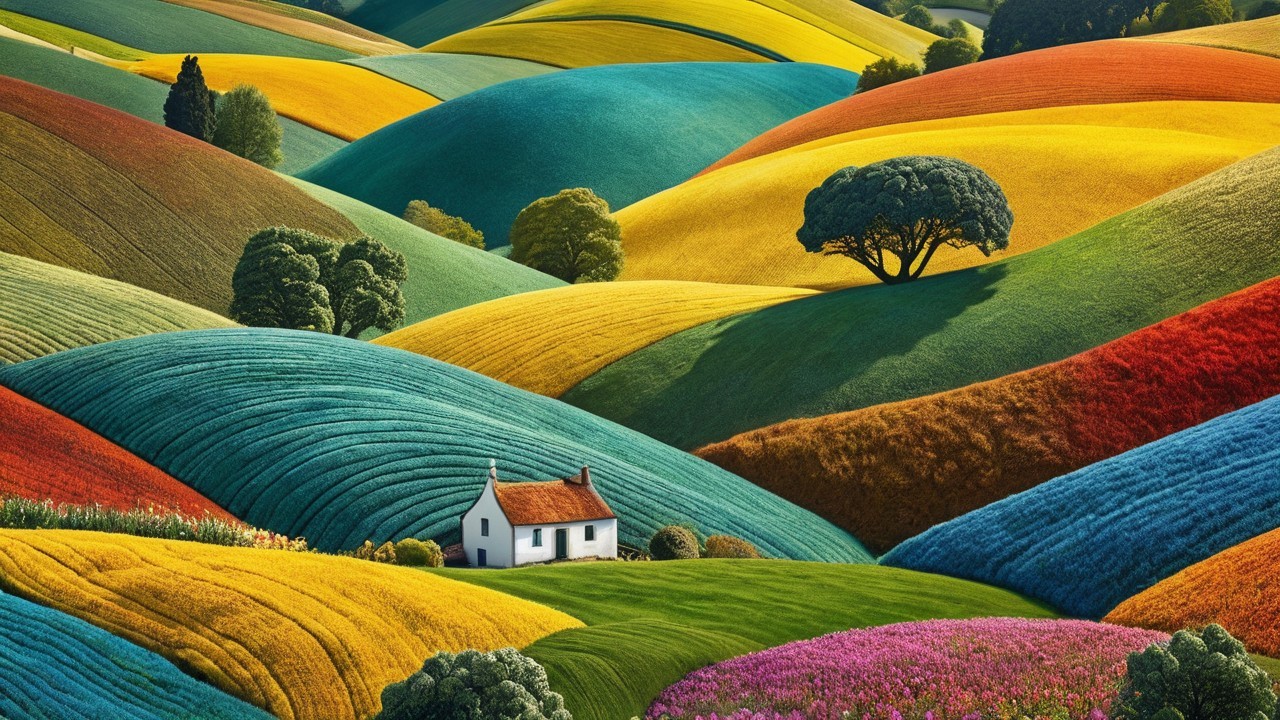 Vibrant Landscape with Cottage and Lush Trees
