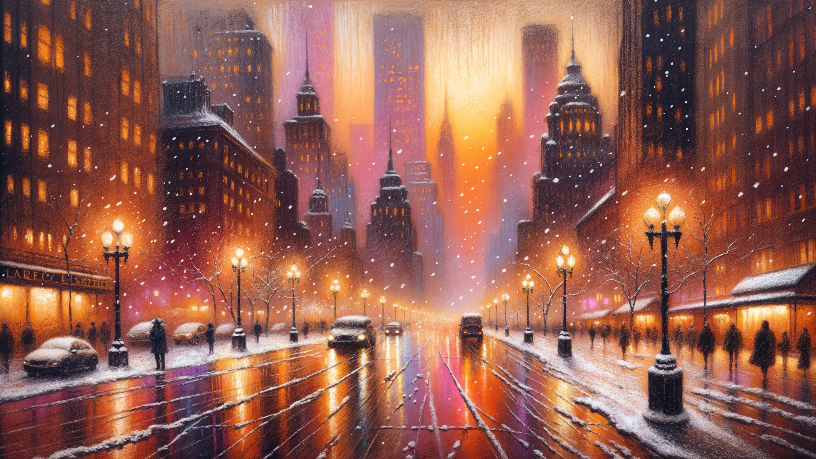 Snowy Urban Evening with Vibrant City Lights