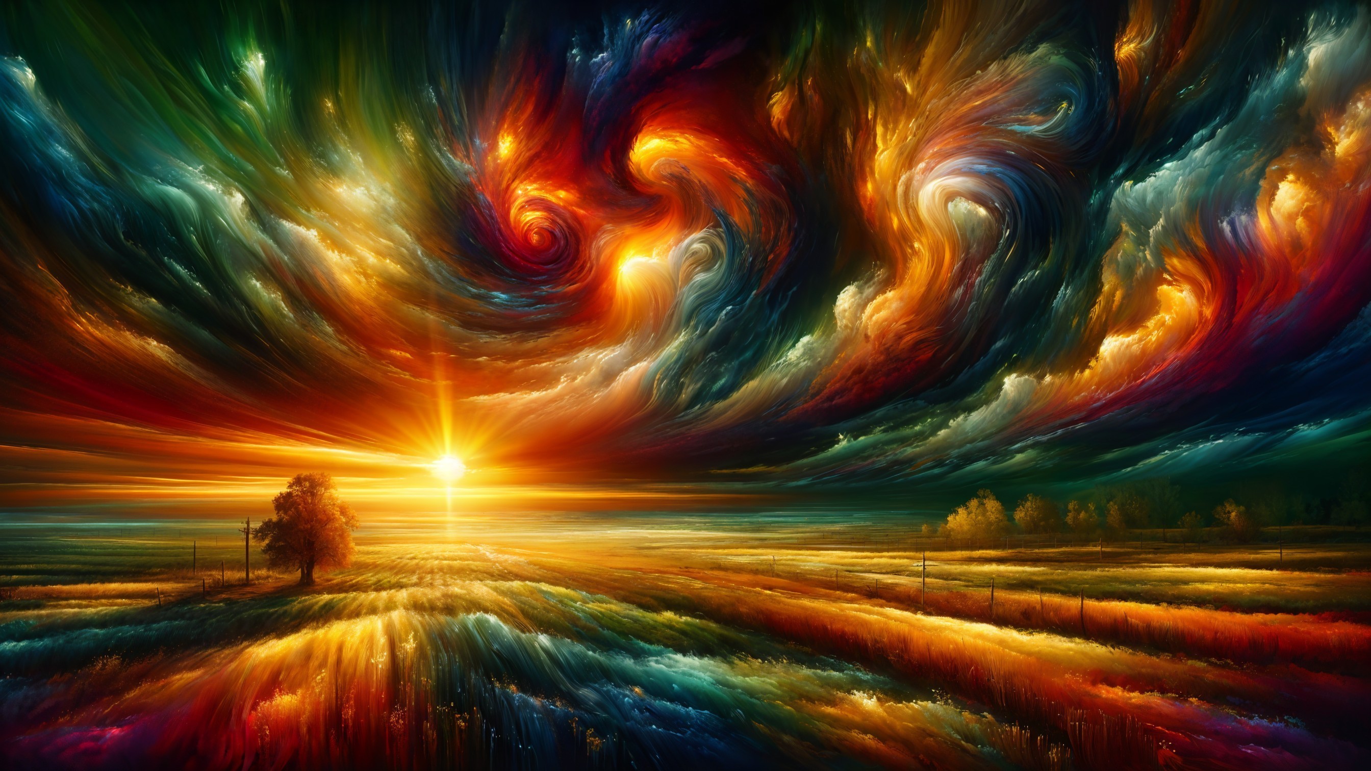 Vibrant Sunset Landscape with Dramatic Clouds and Tree