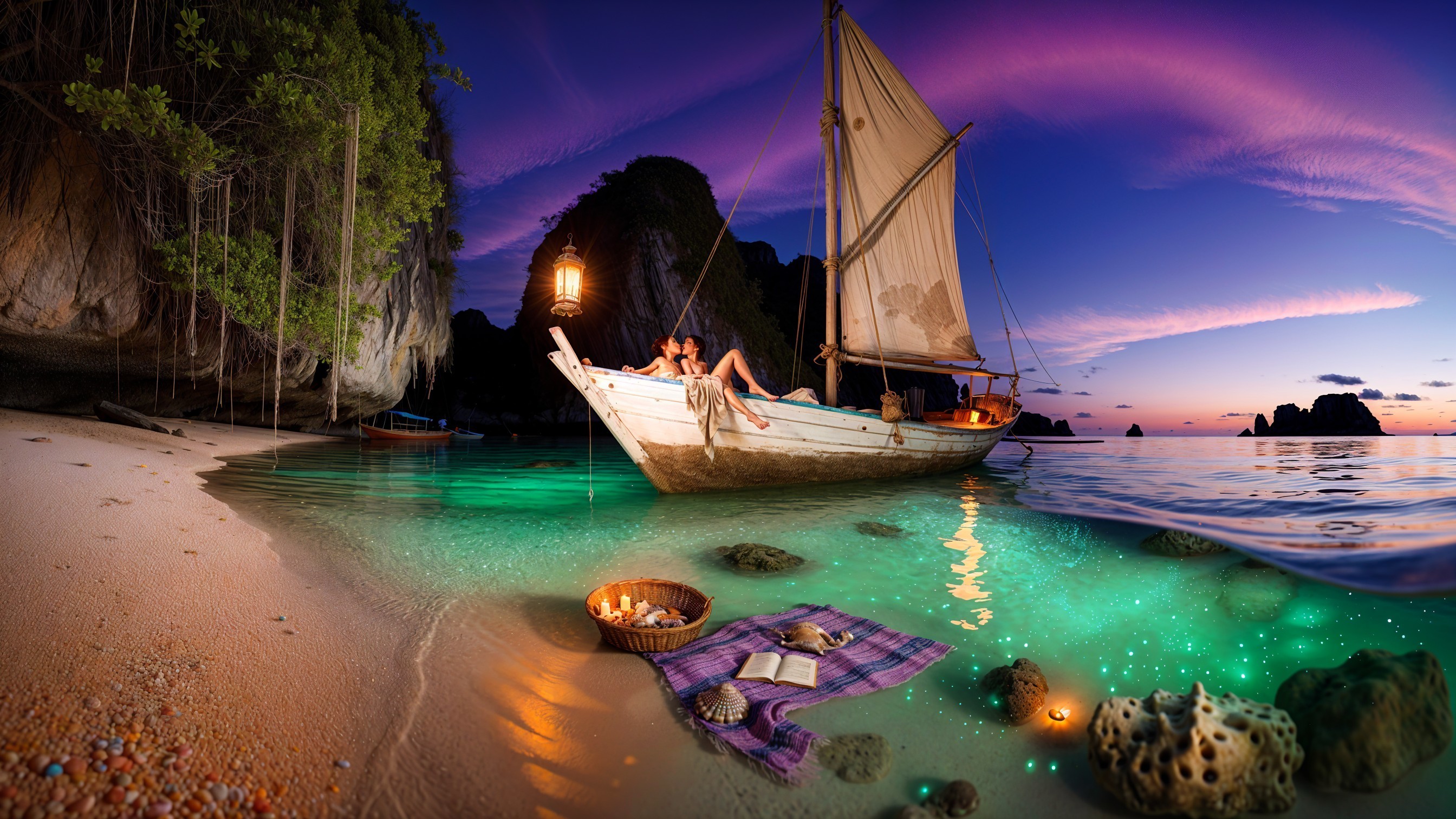 Twilight Beach Scene with Sailboat and Lush Cliffs