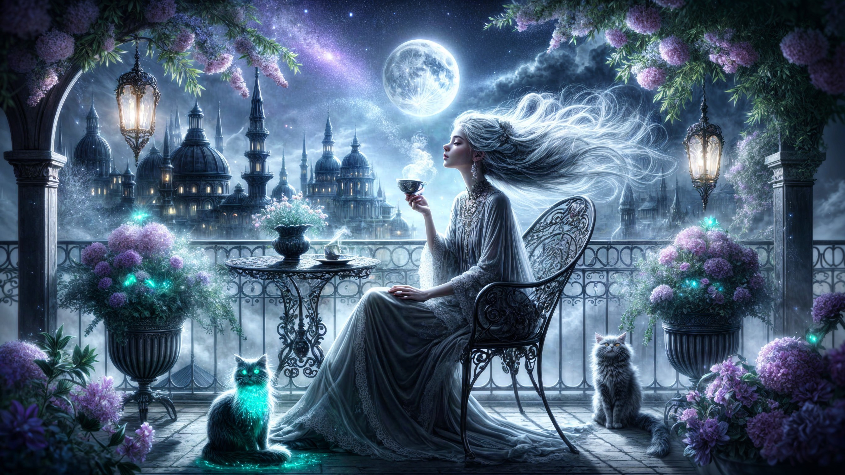 Moonlit Balcony Scene with Woman and Enchanting Cats