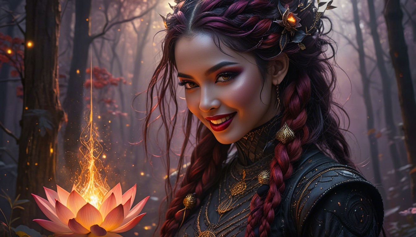 Mystical Forest with Enchanting Woman and Lotus Flower