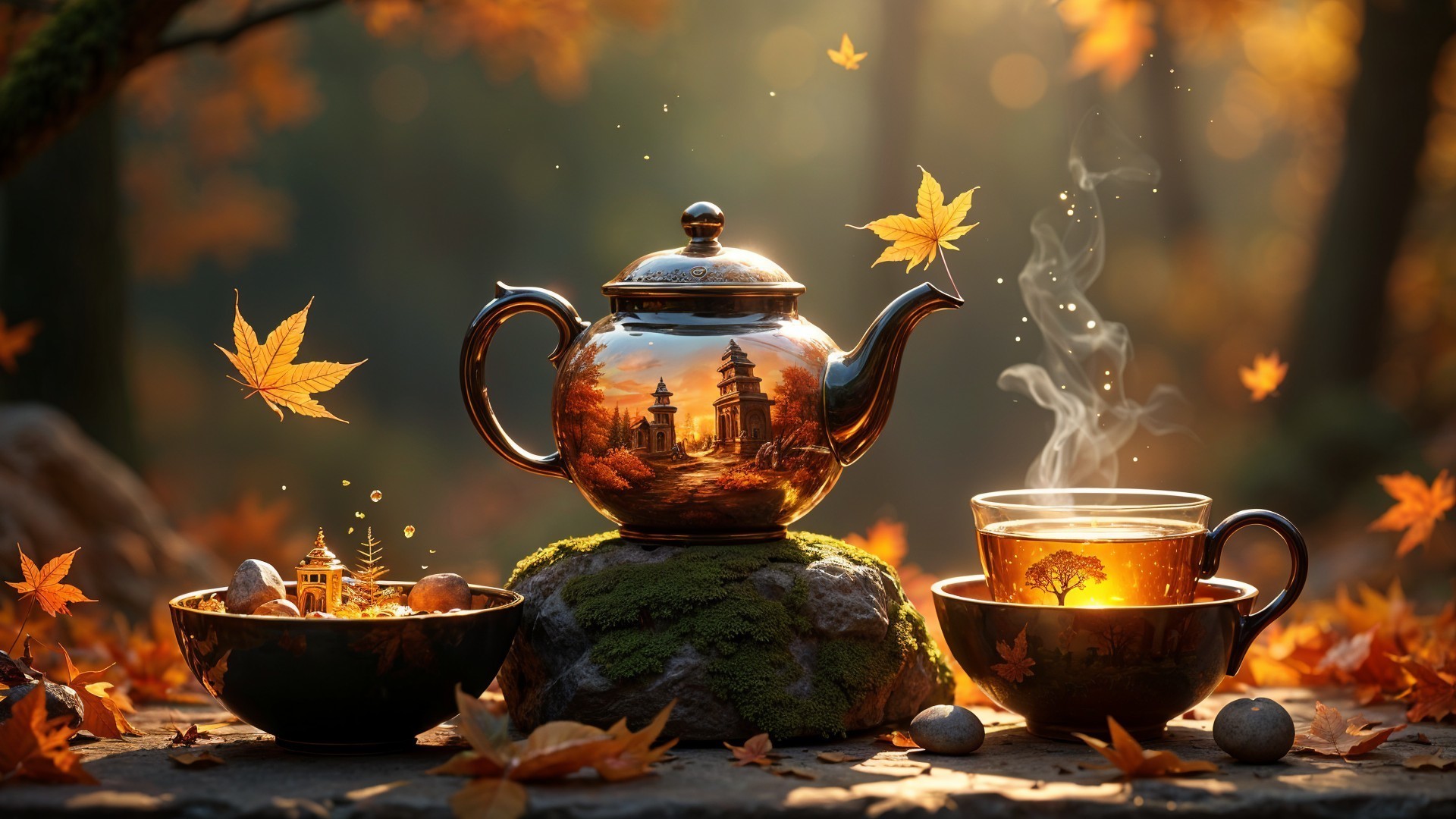 Copper Teapot in Autumn Scene with Tea and Leaves