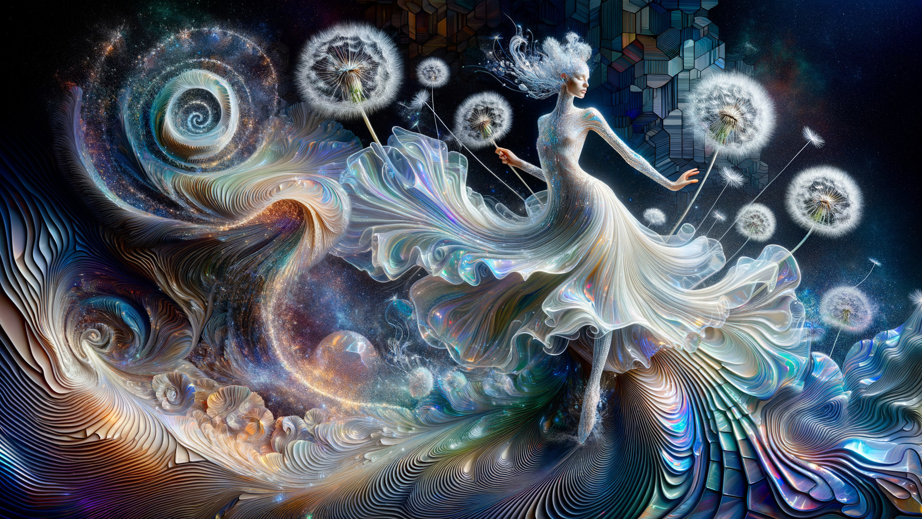 Ethereal Dance Amidst Cosmic Patterns and Dandelions