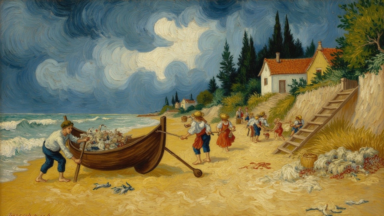 Vibrant Beach Scene with Fishermen and Traditional Attire