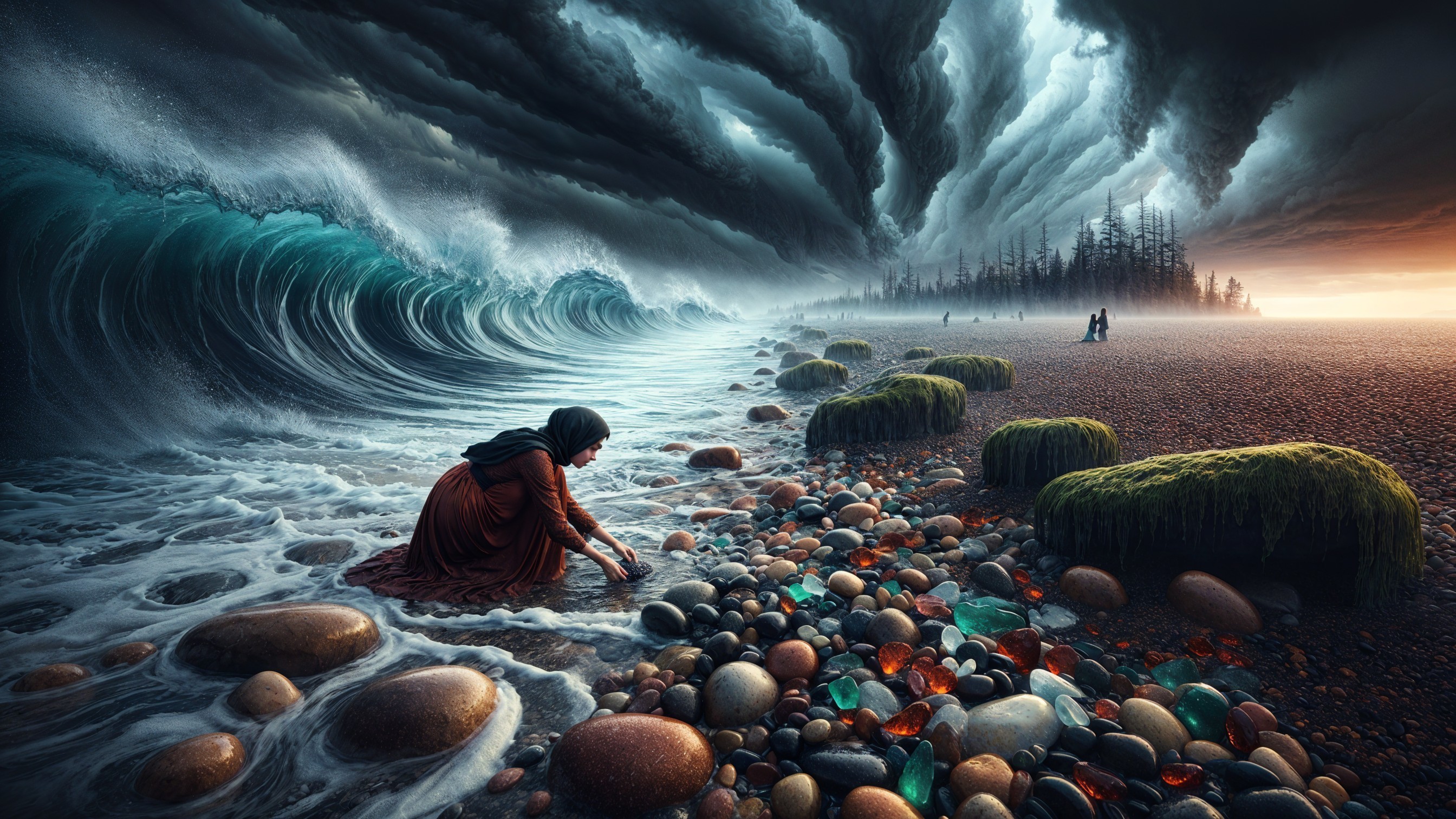 Dramatic Coastal Scene with Figure and Colorful Stones