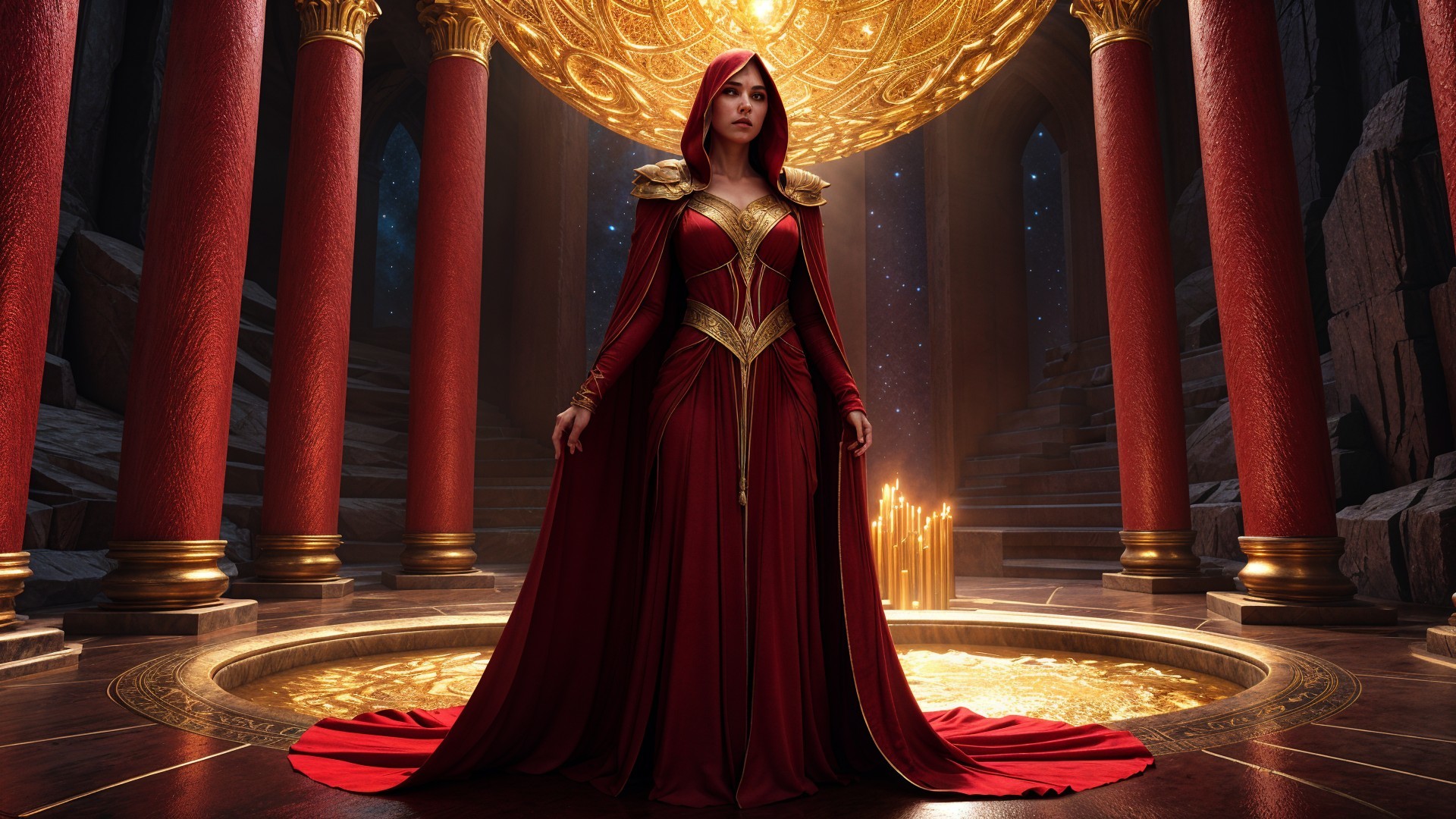 Majestic Figure in Grand Dimly Lit Chamber