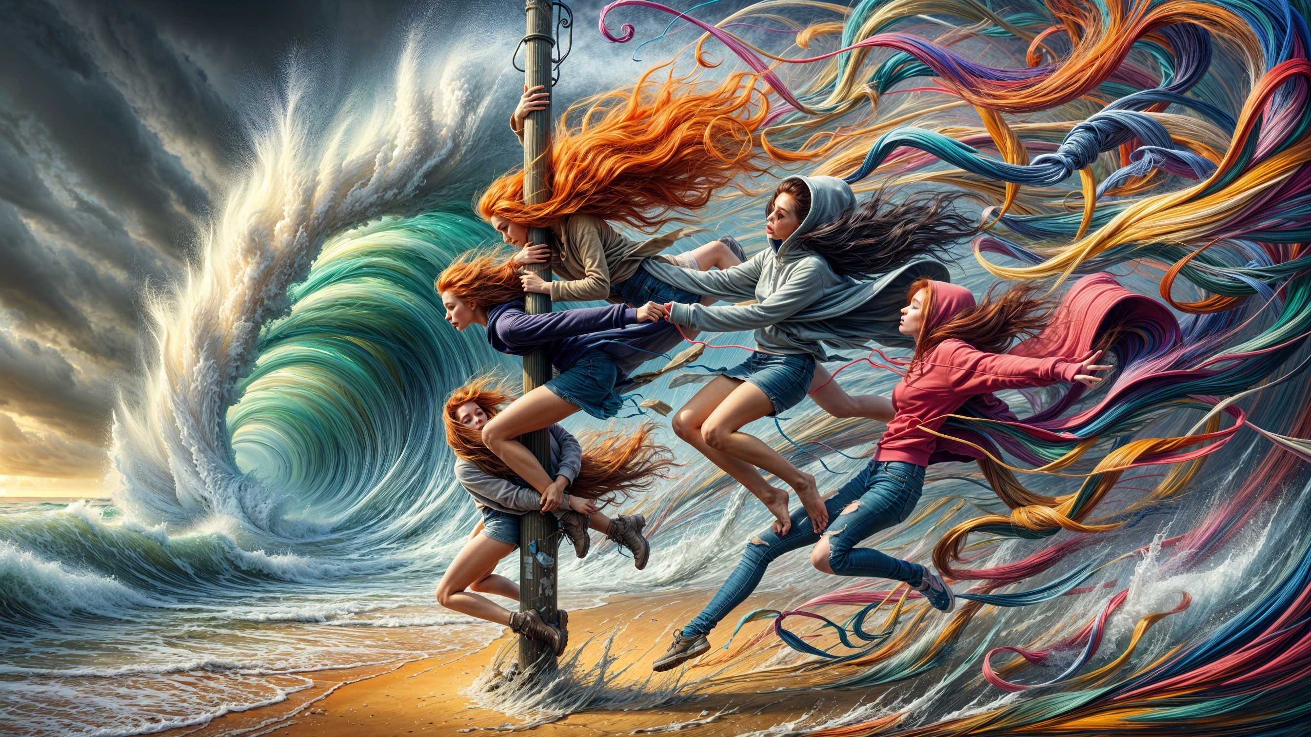 Five Girls Facing a Massive Wave on a Beach