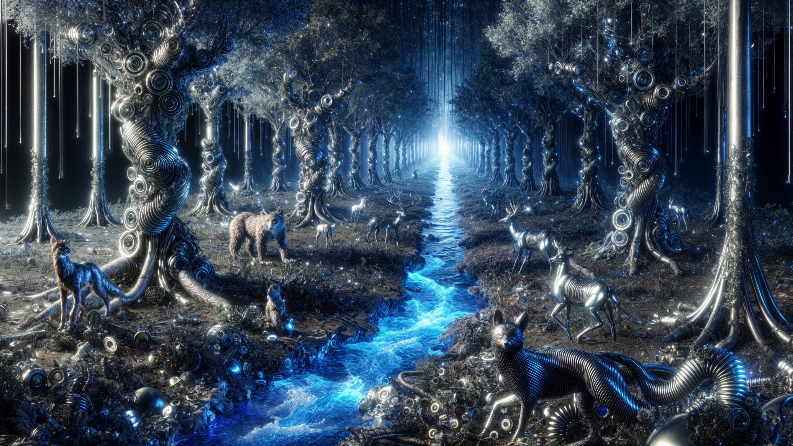 Surreal forest with metallic trees and blue streams