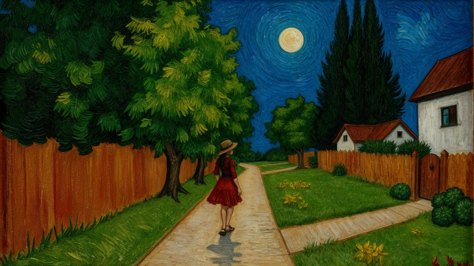 Serene Night Scene with Woman in Red Dress and Moon