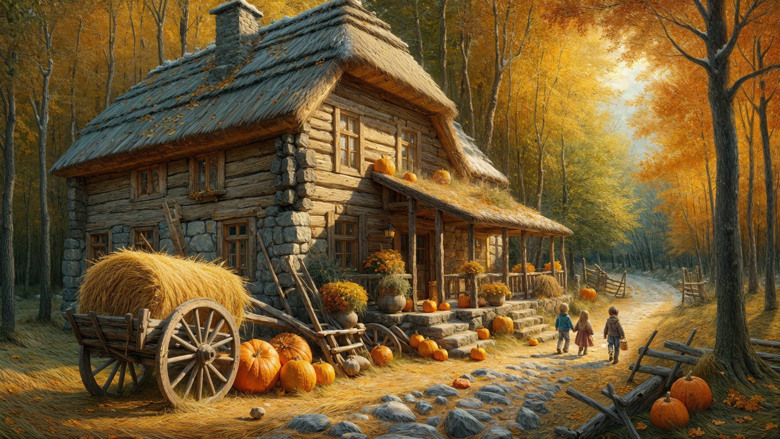 Wooden Cottage in Vibrant Autumn Forest Setting