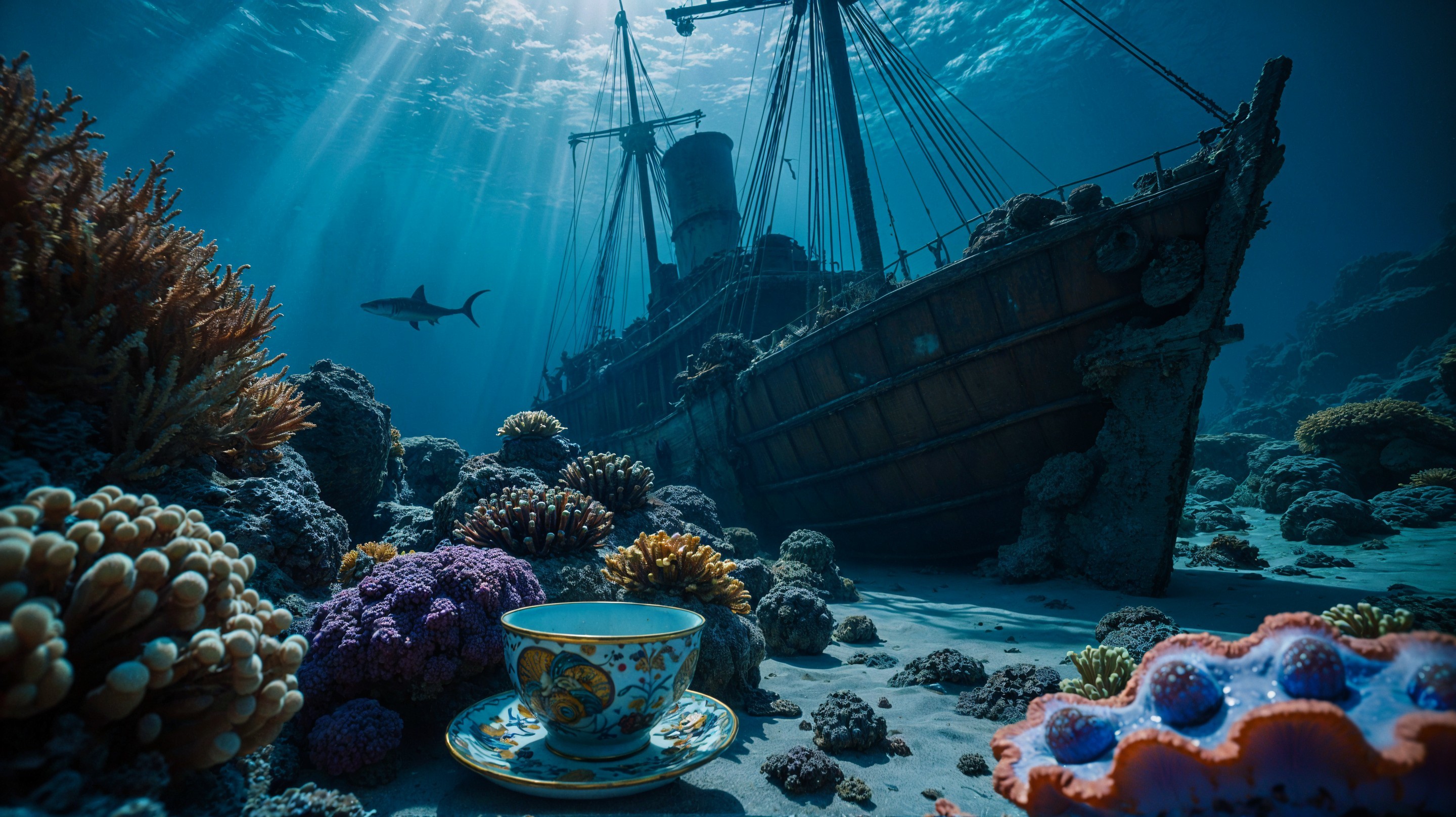 Underwater Scene with Sunken Ship and Coral Reefs