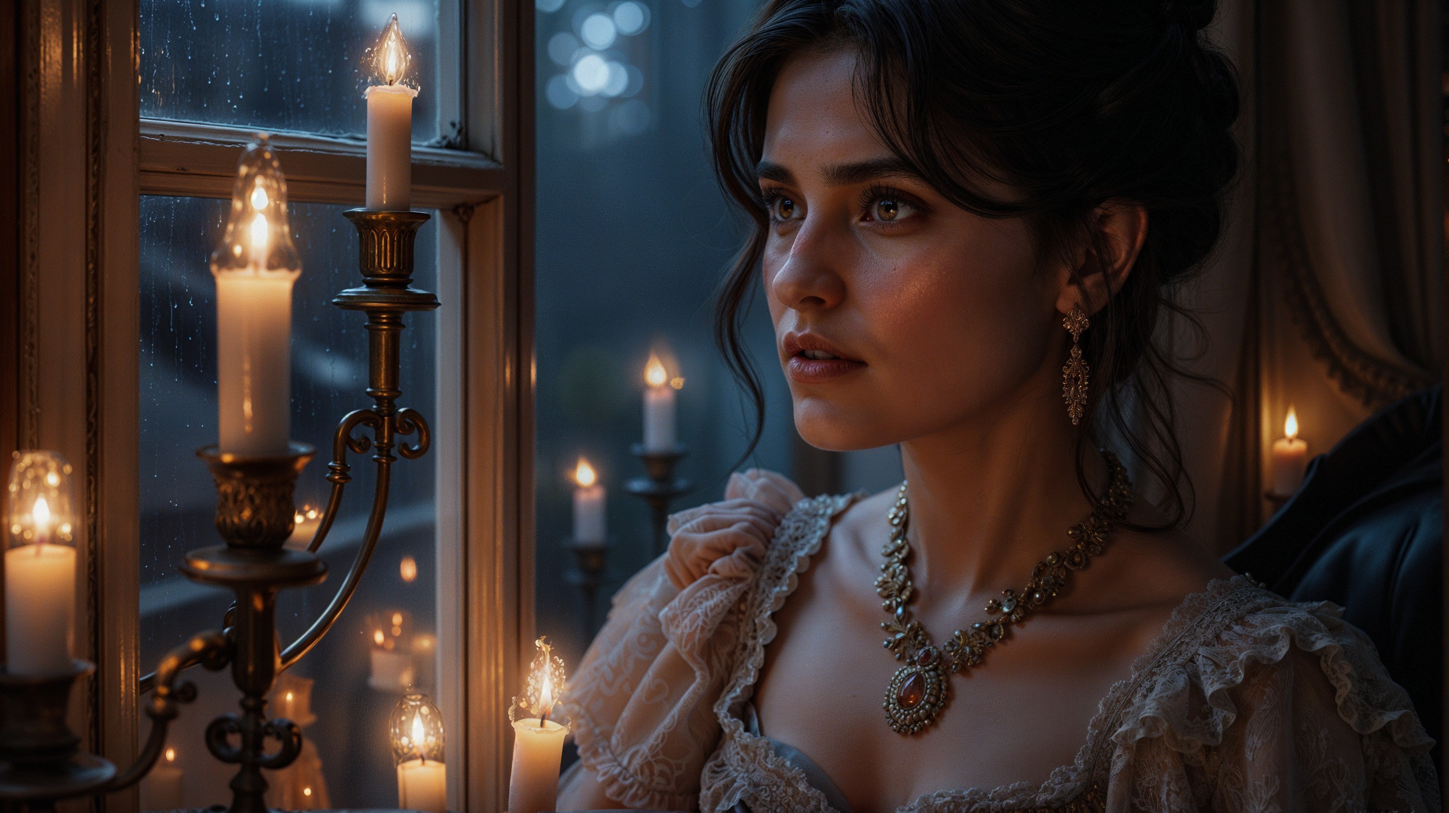 Young woman in vintage dress by candlelight window