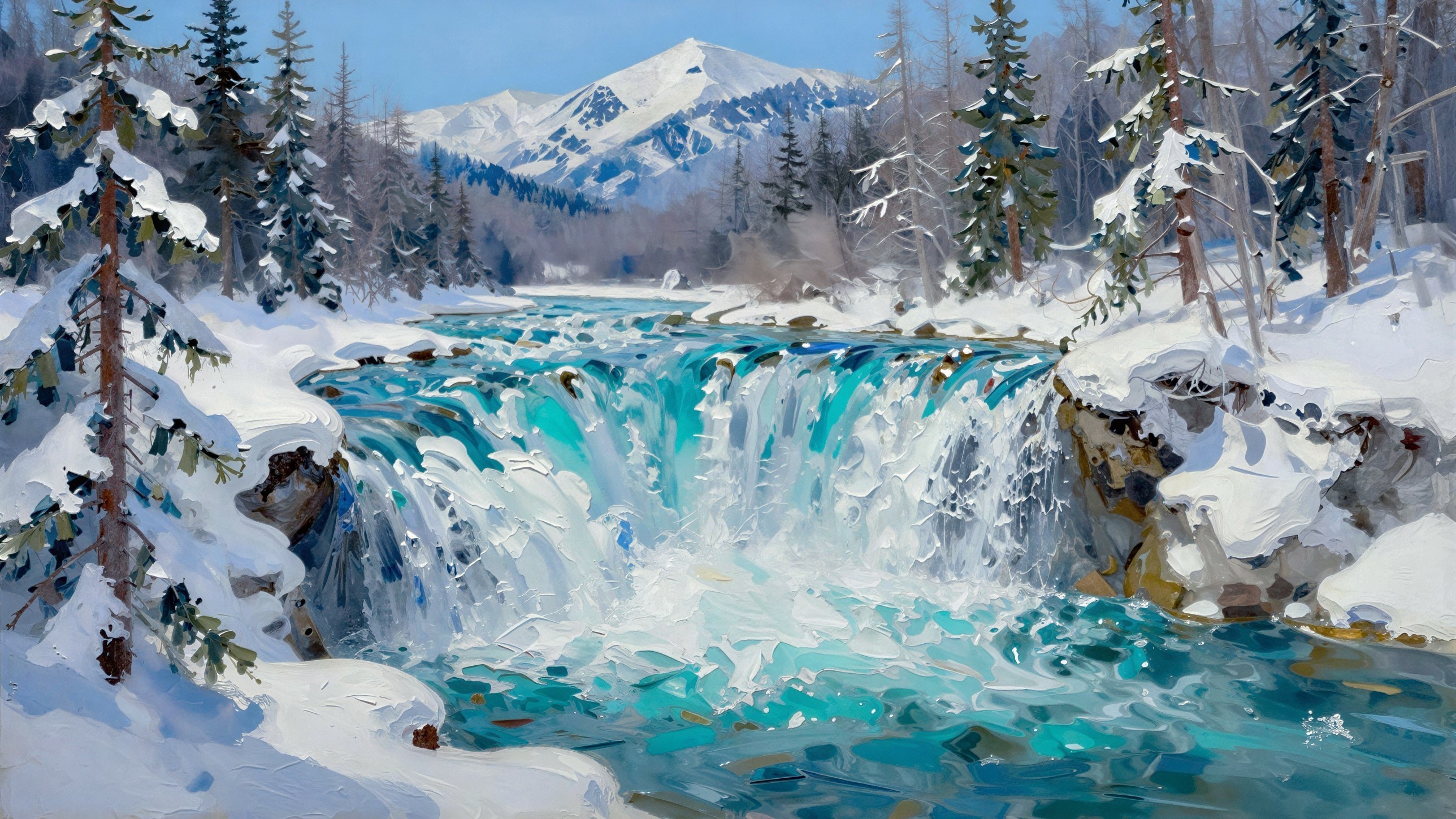 Impressionistic Winter Landscape with Turquoise Waterfall