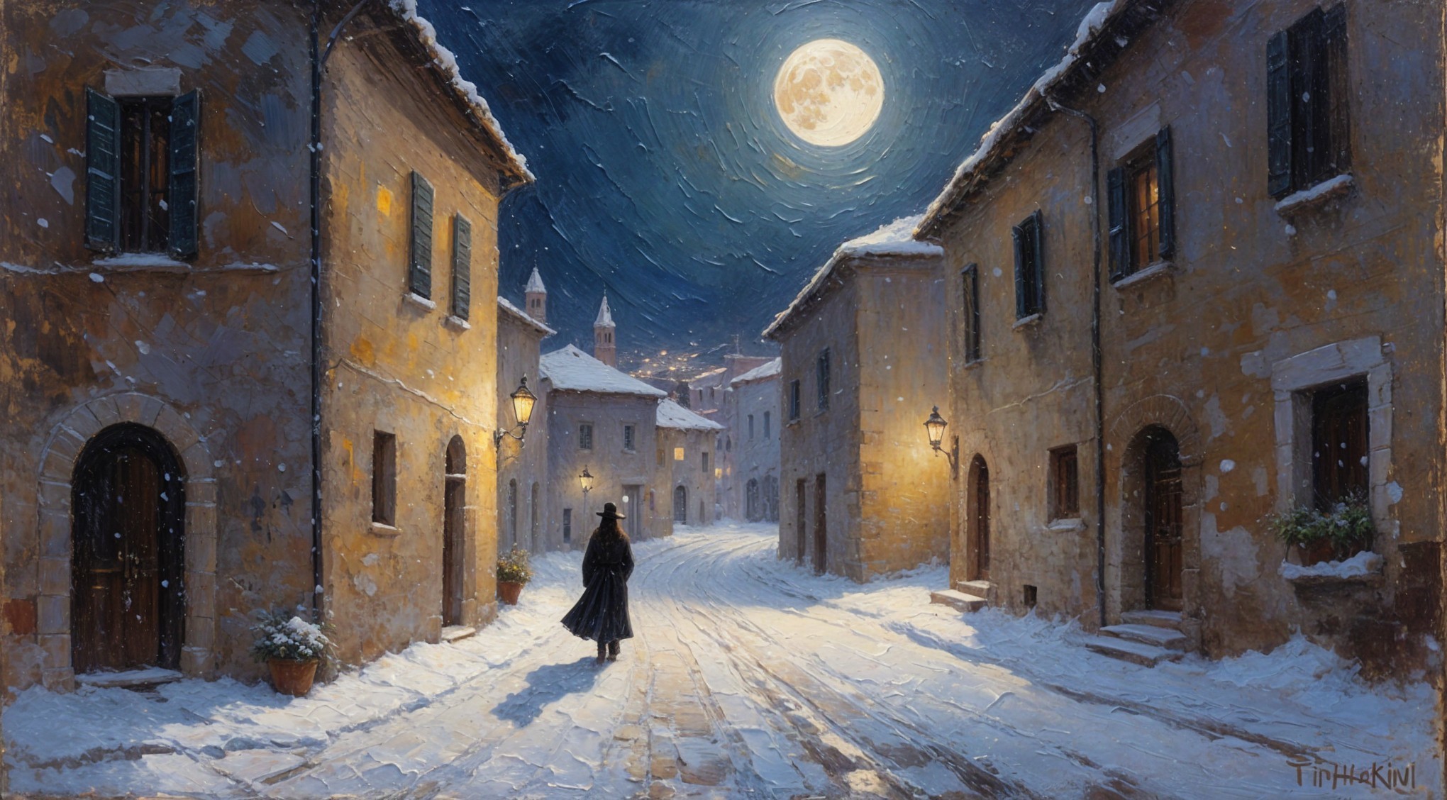 Solitary Figure in a Snowy Winter Village Scene