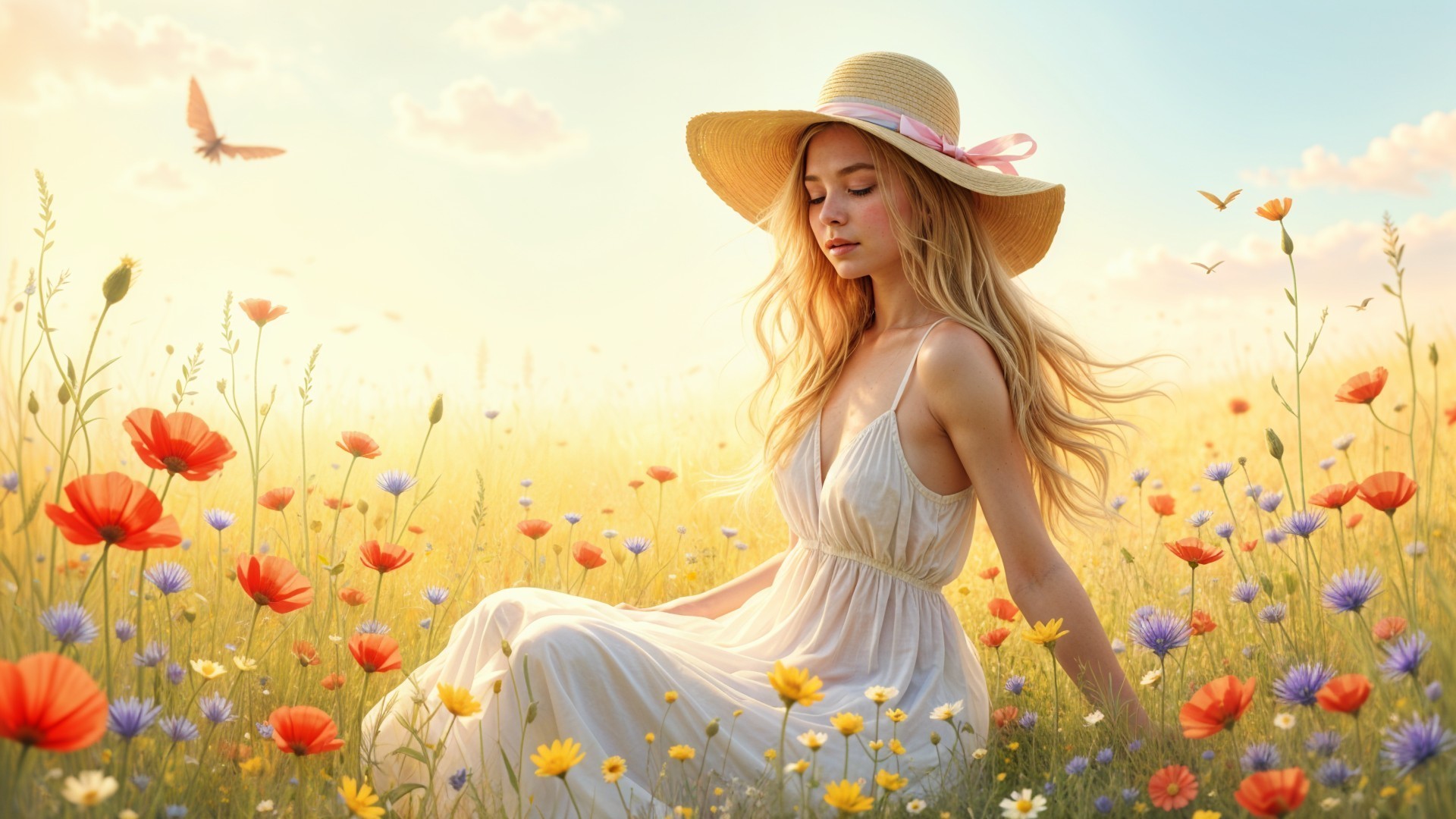 Sunlit Meadow with Wildflowers and Young Woman