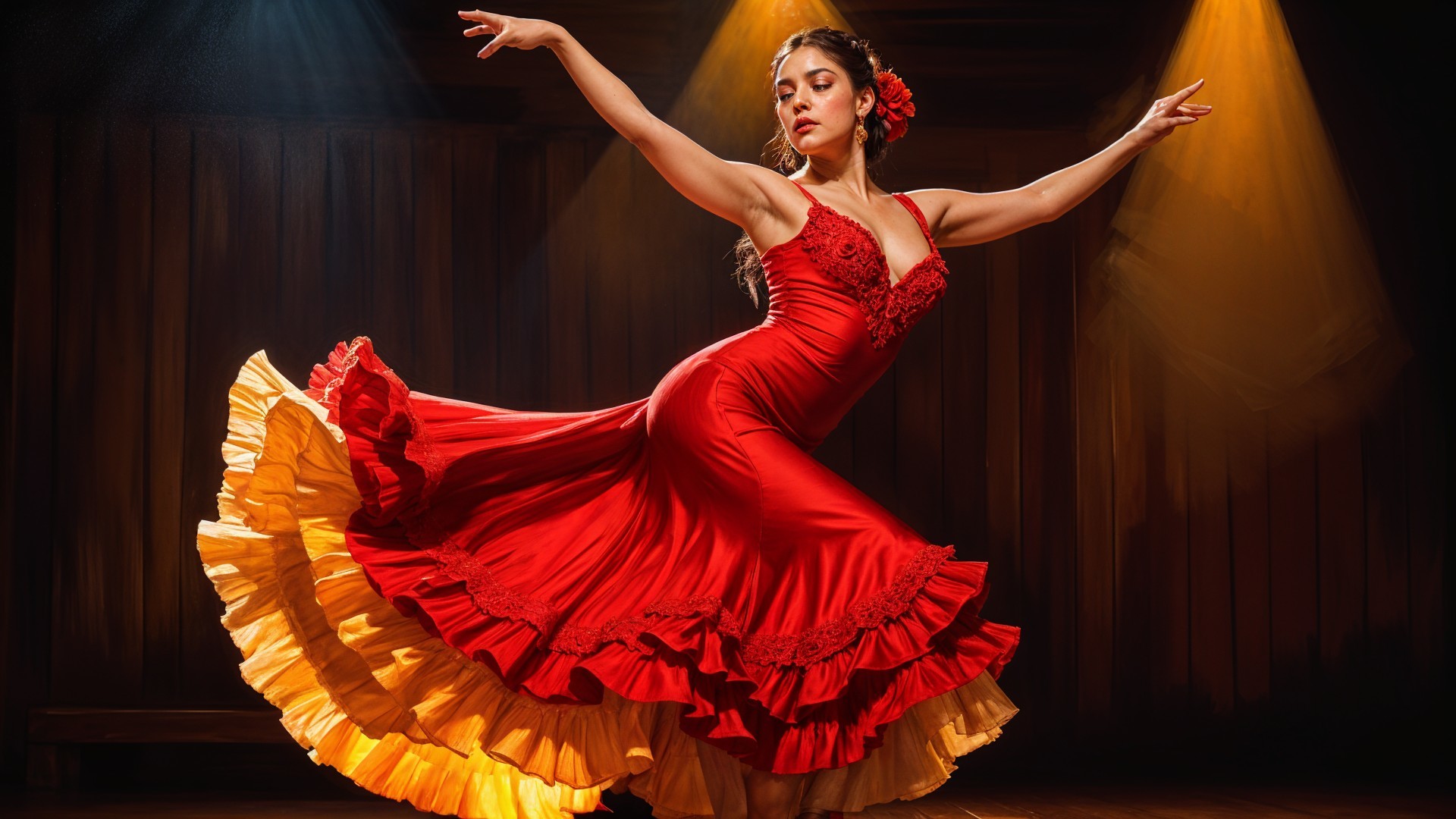 Dancer in Red Dress with Yellow Ruffle on Stage