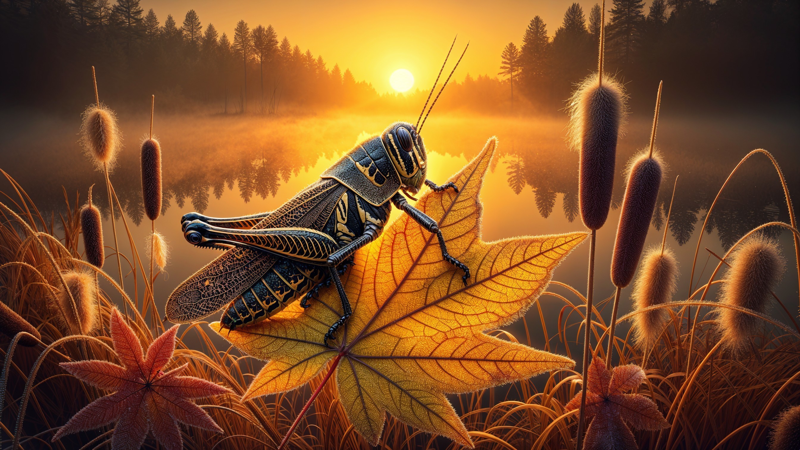 Close-up of a grasshopper on an autumn leaf by a lake