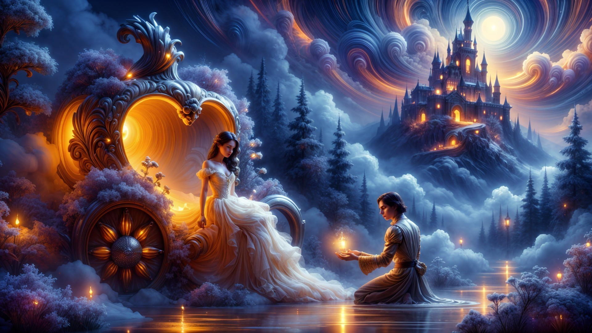 Young Woman in Gown in Glowing Carriage Scene