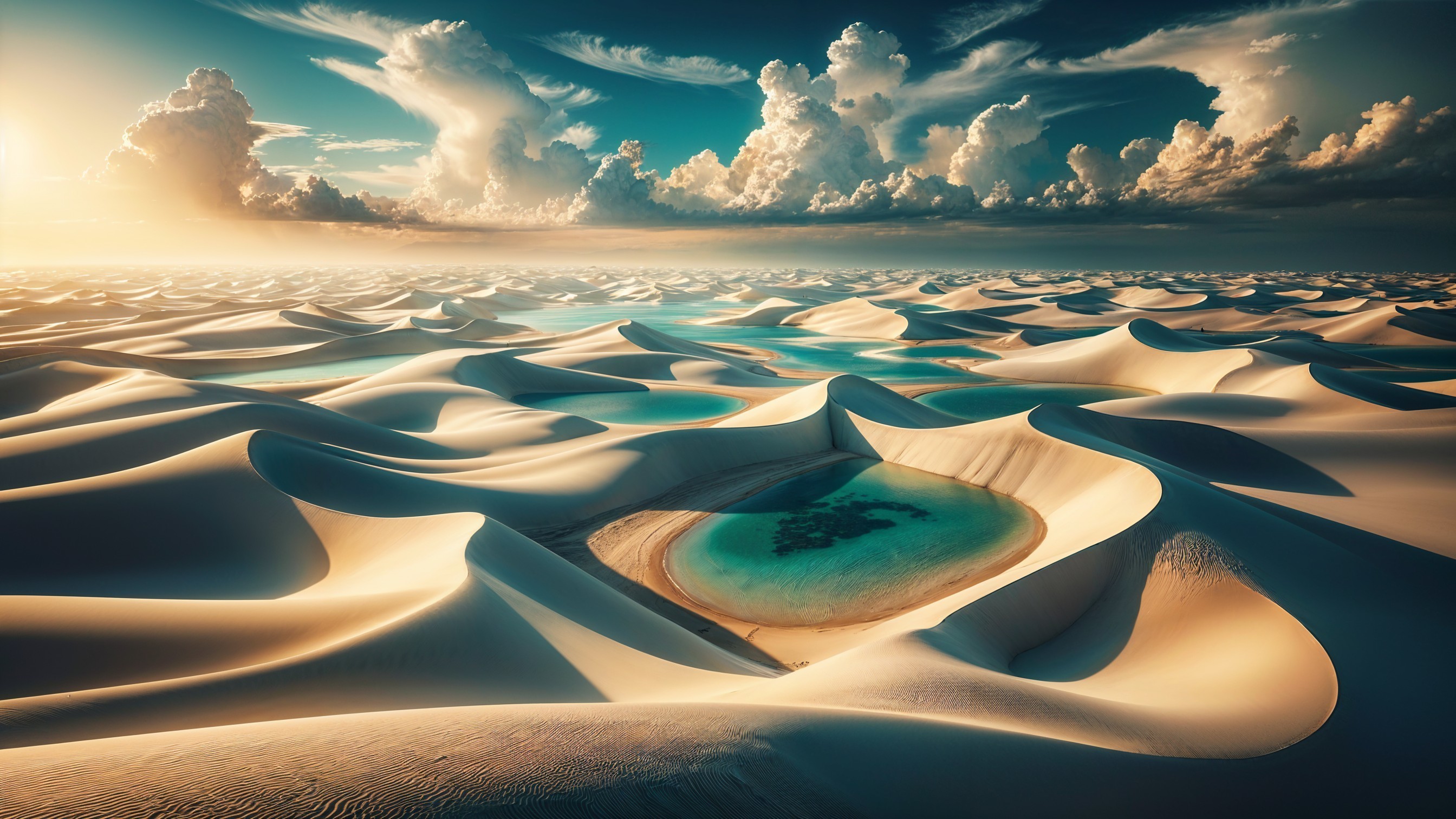 Desert Landscape with White Dunes and Turquoise Pools