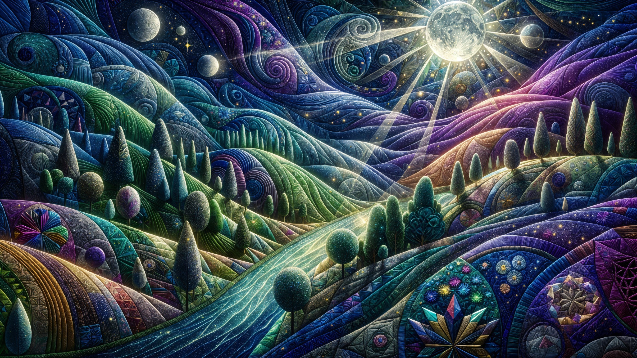 Vibrant Dreamlike Landscape Under Glowing Moon