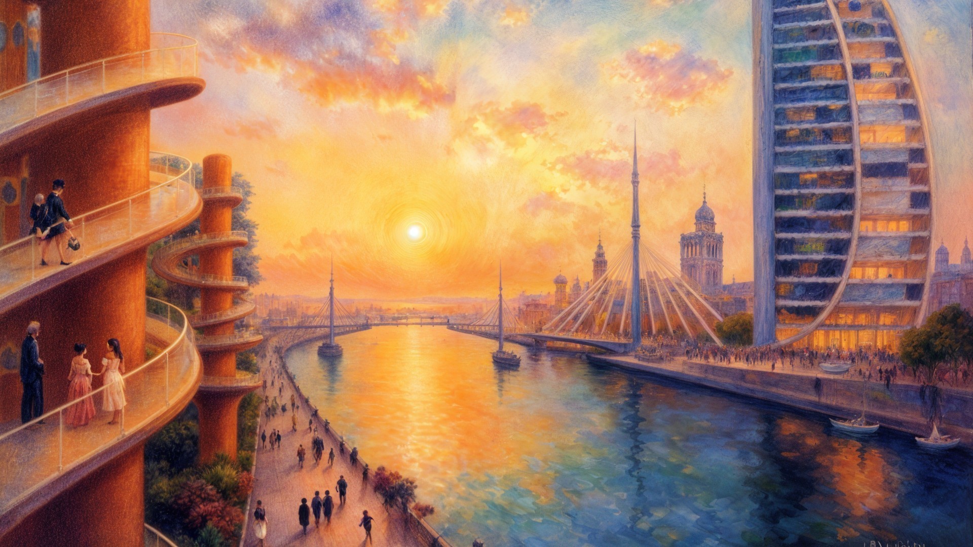 Vibrant Sunset Over Cityscape with River Reflection
