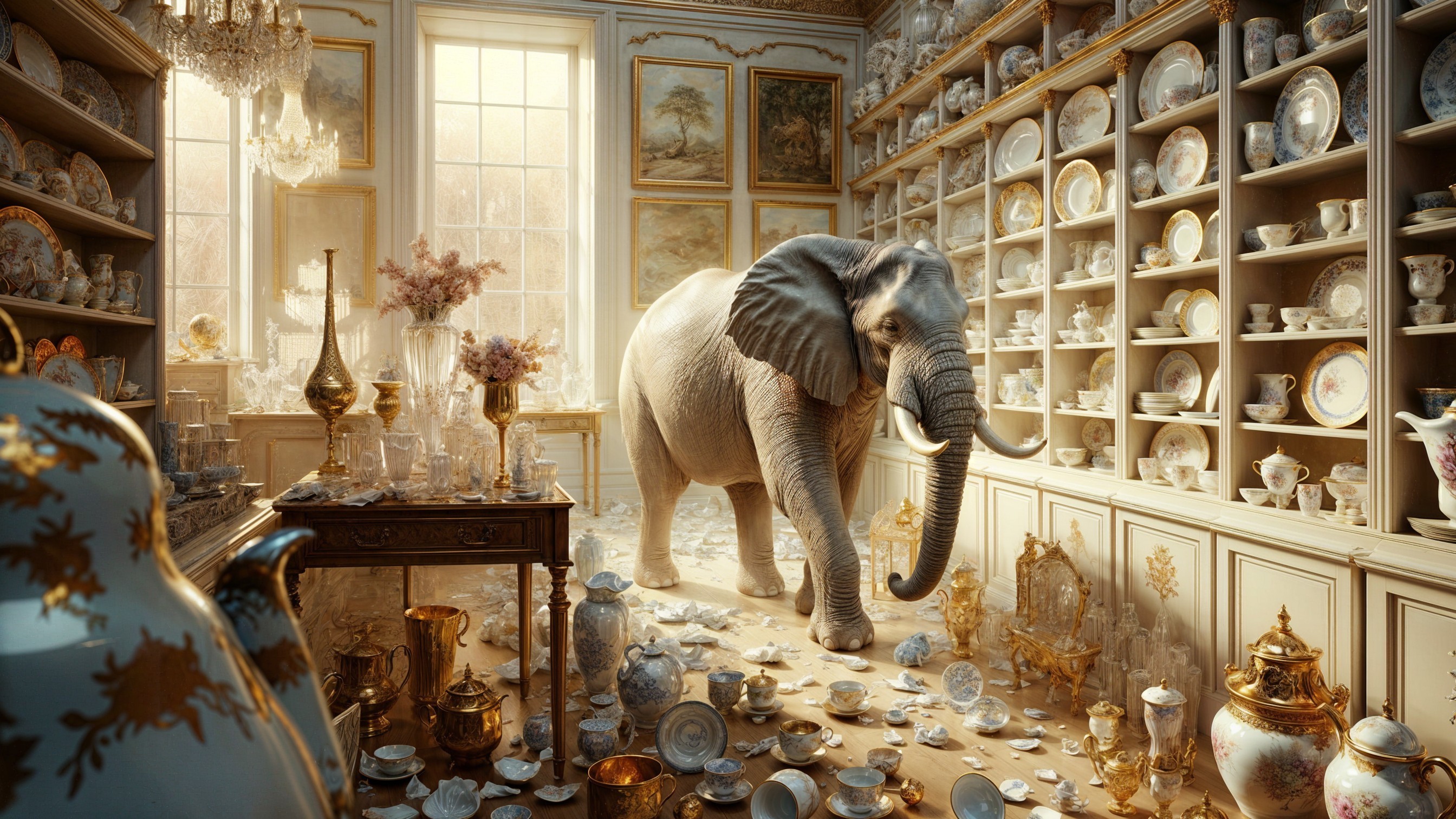 Elephant in a Luxurious Room with Fragile Decor