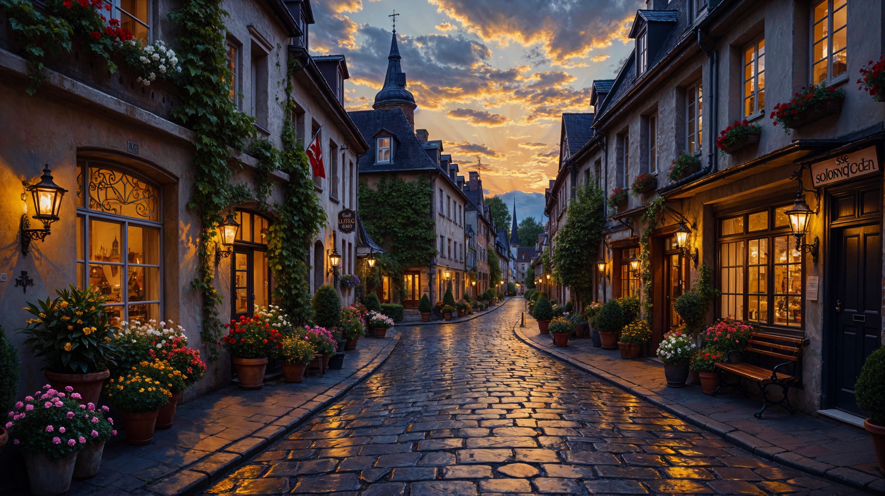 Charming Cobblestone Street with Quaint Buildings and Flowers