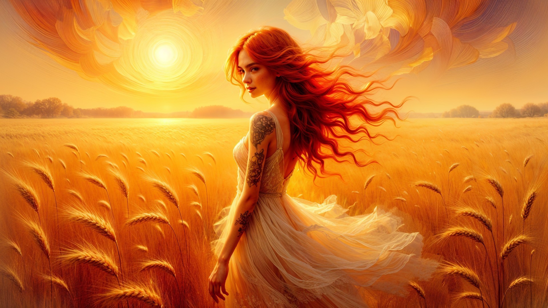 Woman in White Dress in Golden Wheat Field