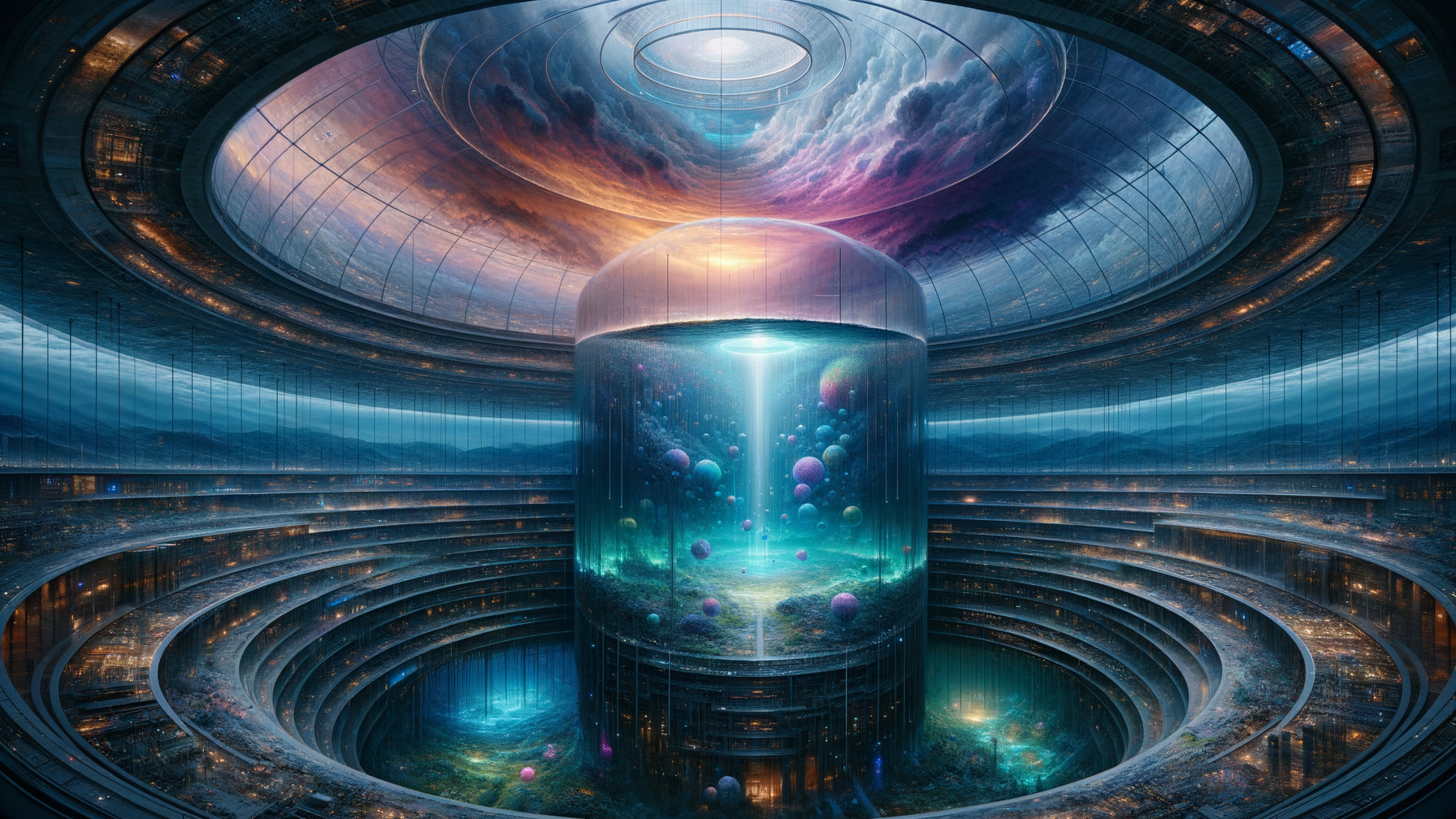 Futuristic Structure with Luminous Glass Chamber