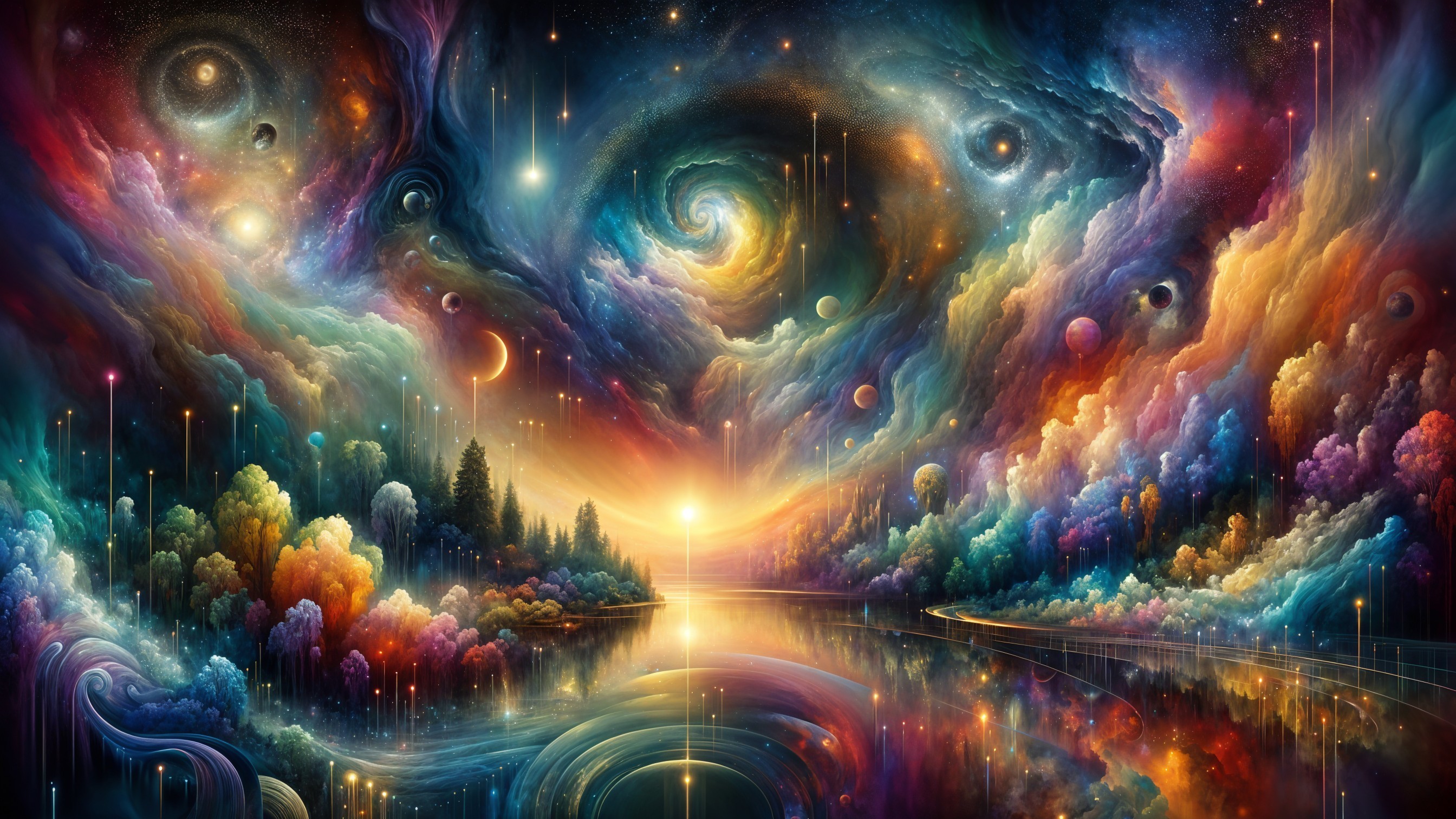 Vibrant Cosmic Landscape with Swirling Galaxies