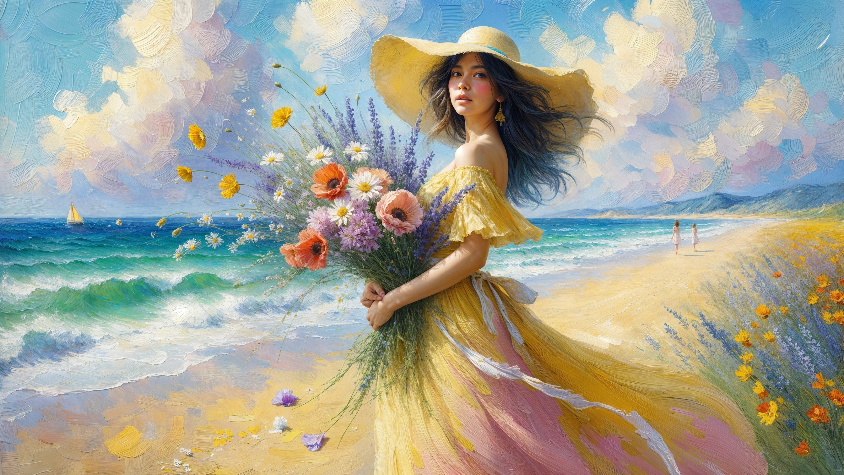 Young Woman in Yellow Dress on Serene Beach Scene