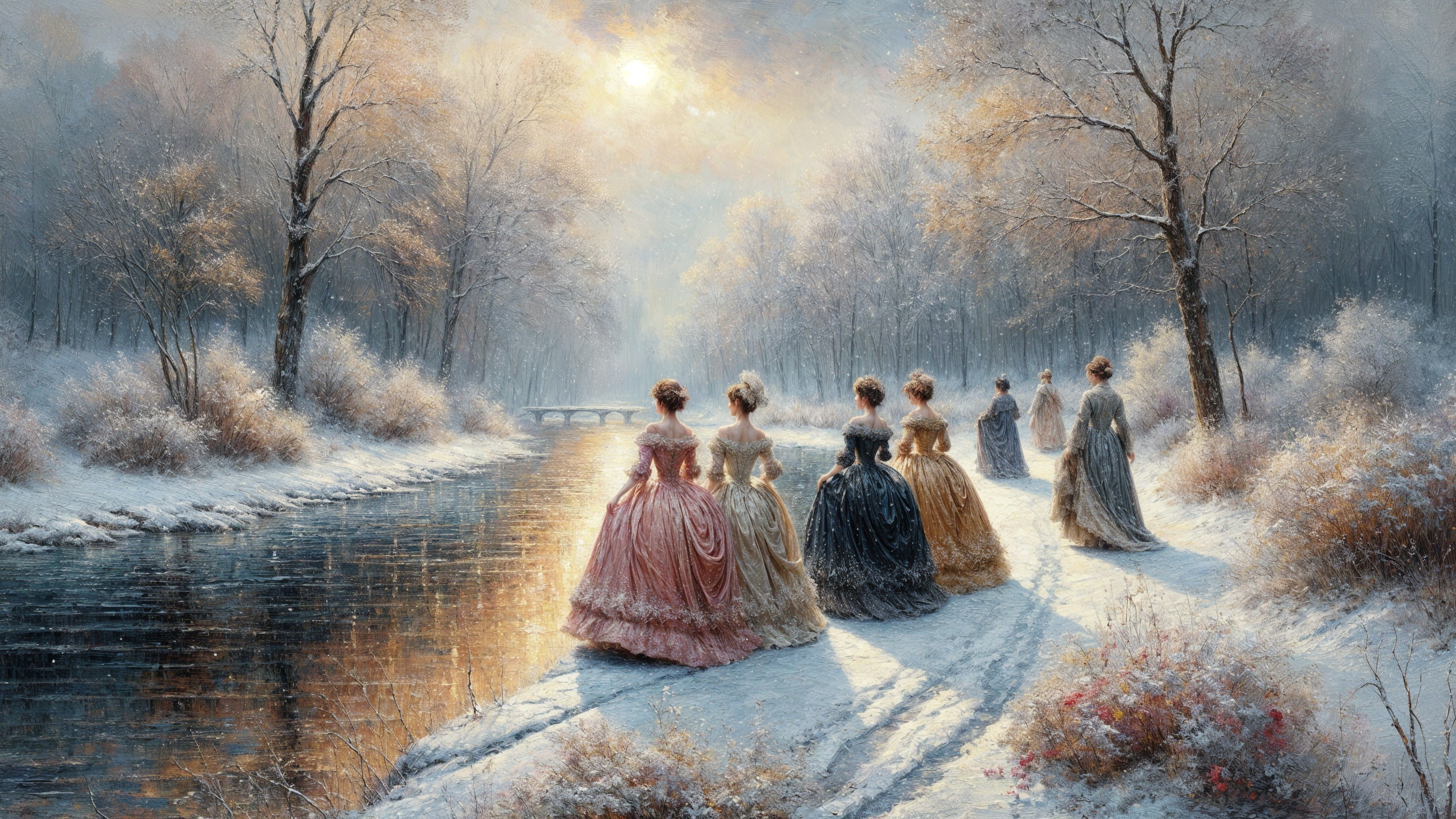 Winter Landscape with Women in Vintage Gowns