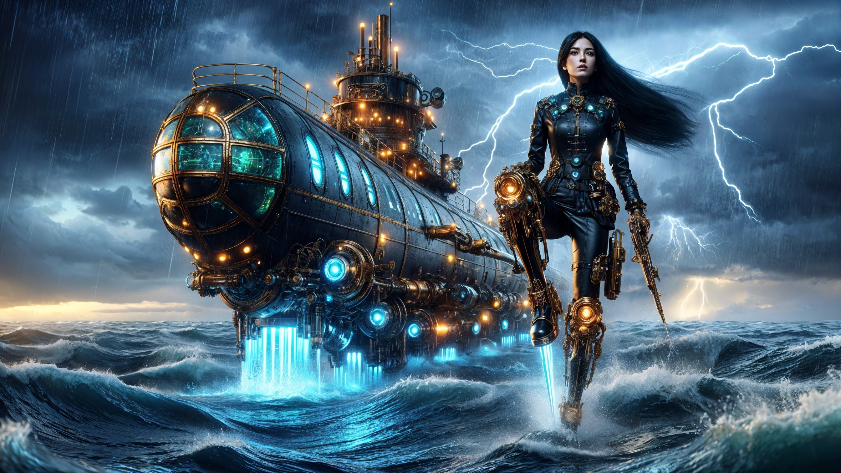 Futuristic female figure beside intricate submarine in storm