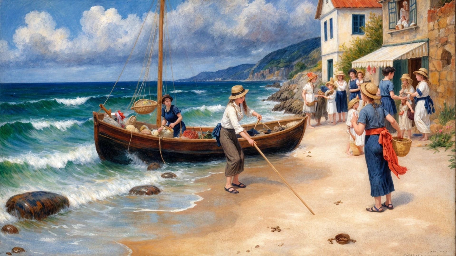 Sunlit Beach Scene with Women and Fishing Boat