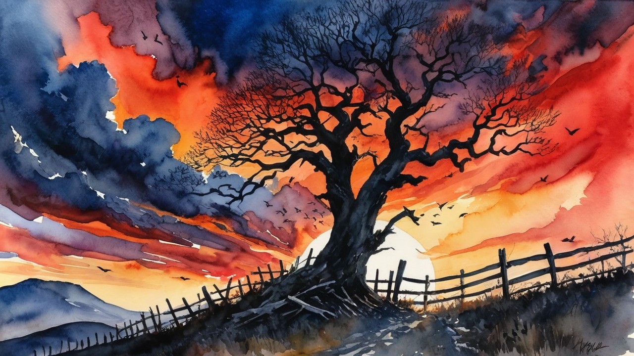 Dramatic Landscape with Silhouetted Tree at Sunset