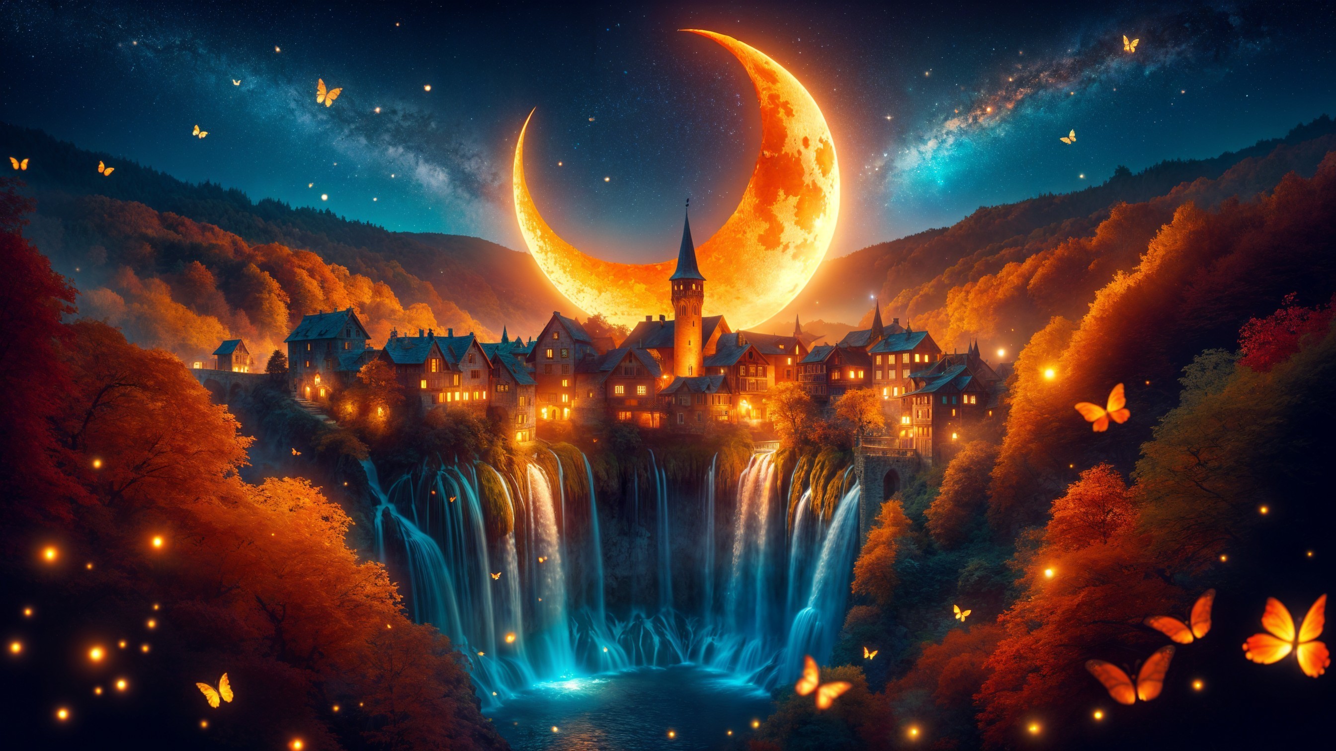 Mystical Village Under Moonlight with Autumn Trees