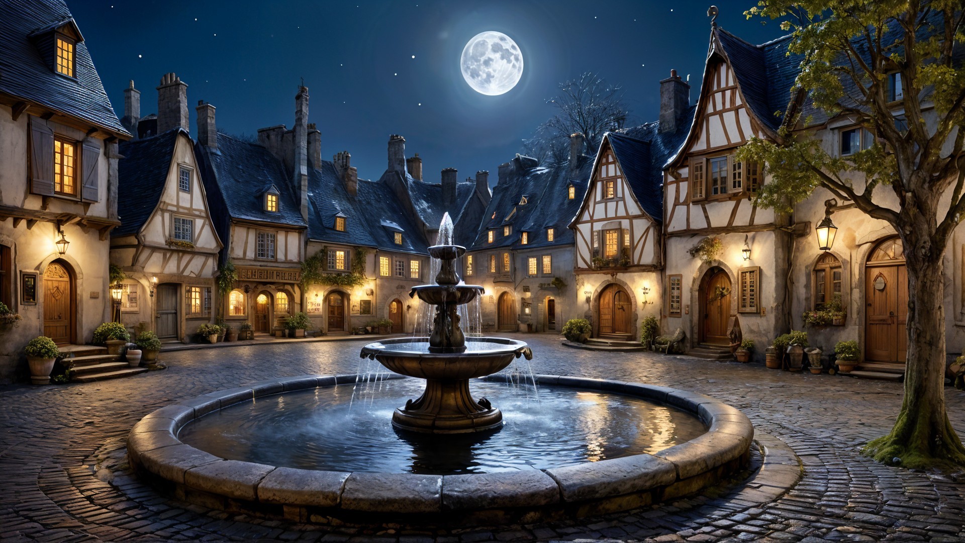 Moonlit Cobblestone Square with Quaint Houses and Fountain