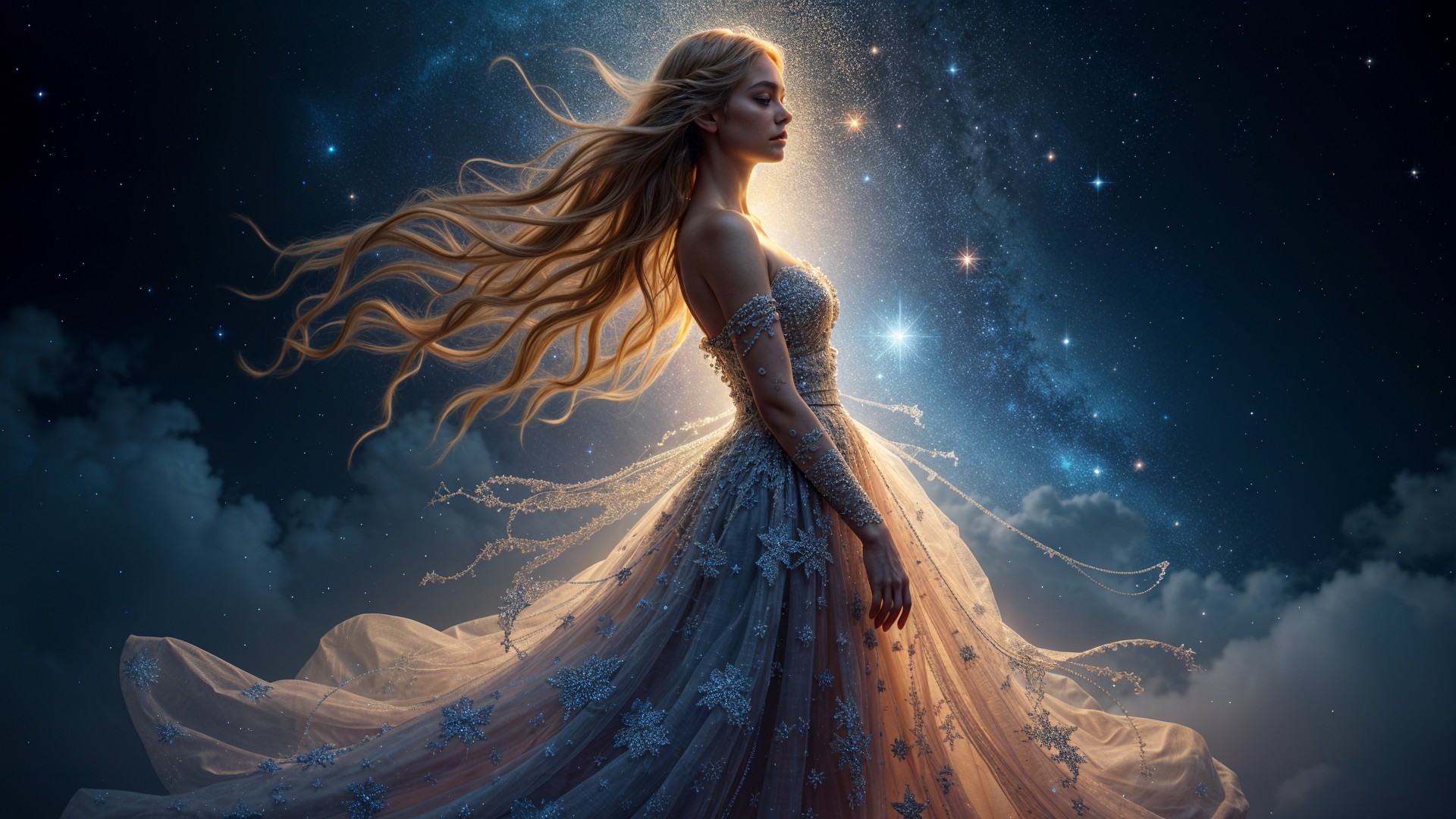 Ethereal Woman in Starry Night Sky with Flowing Hair