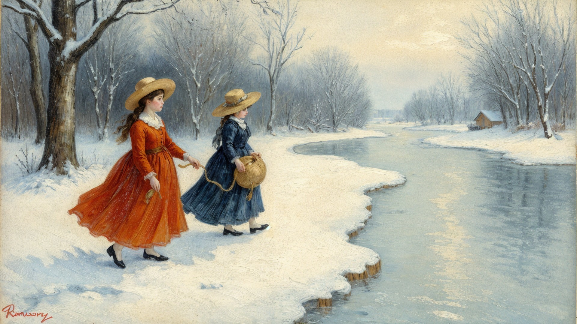 Young Girls in Colorful Dresses by Snowy Riverbank