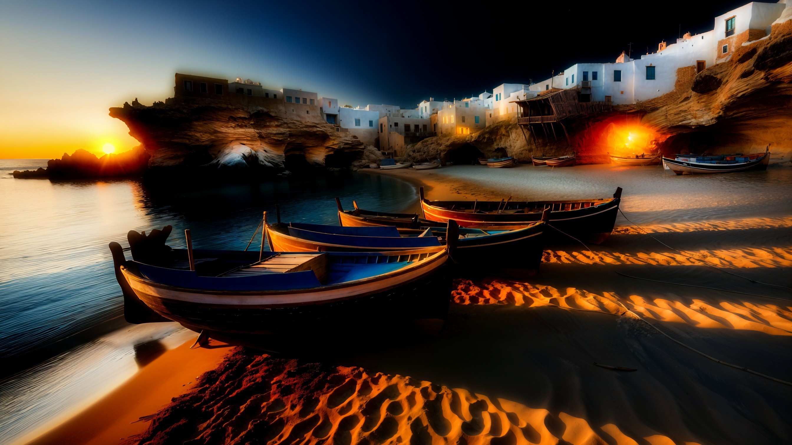 Serene Coastal Sunset with Traditional Boats and Buildings