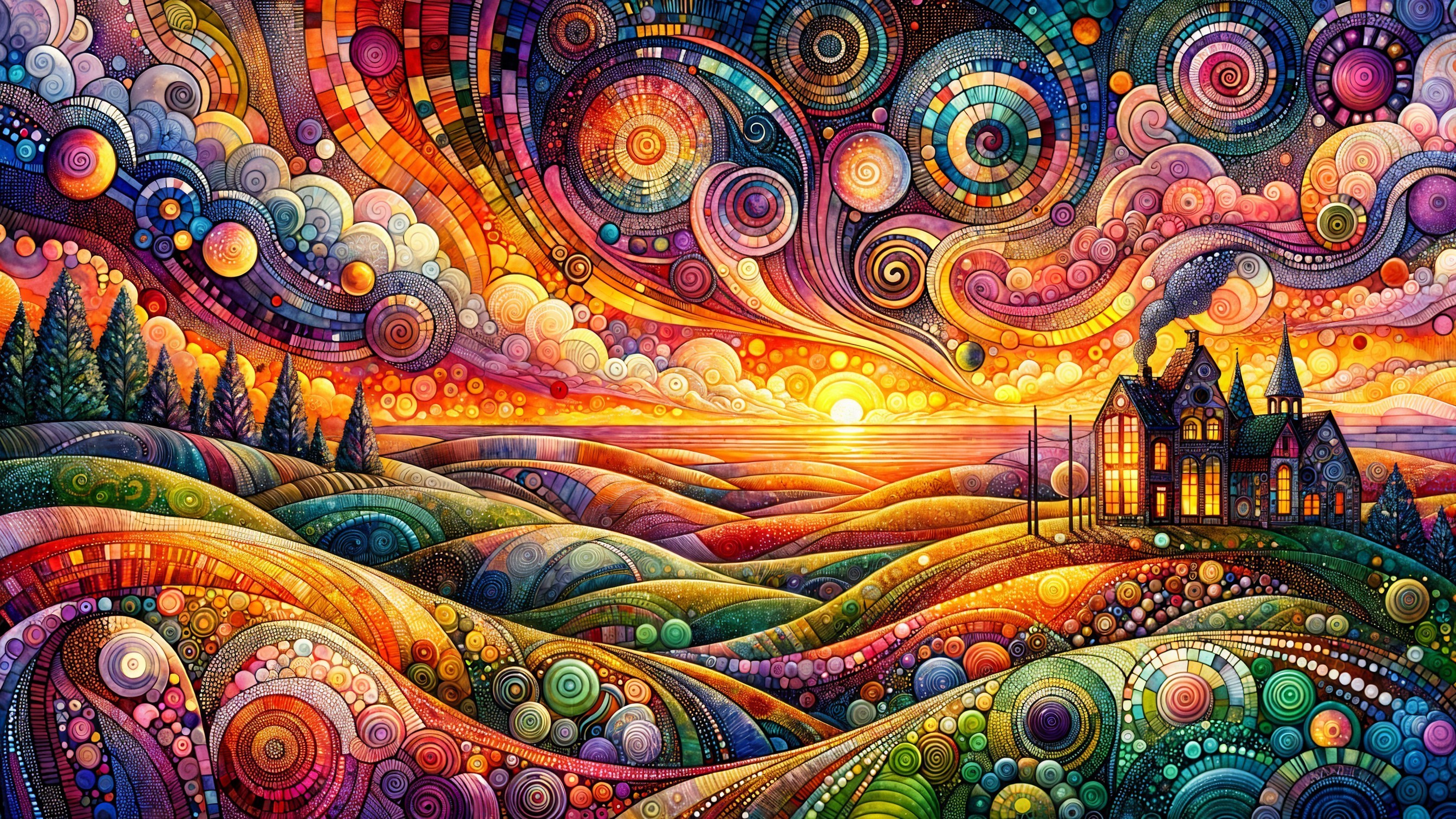 Vibrant Whimsical Landscape with Bold Colors and Patterns