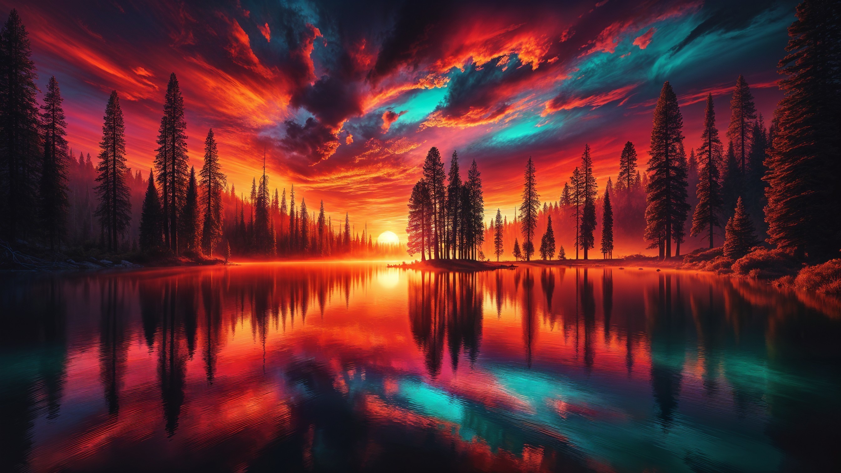Stunning Sunset Over a Tranquil Lake with Pine Trees