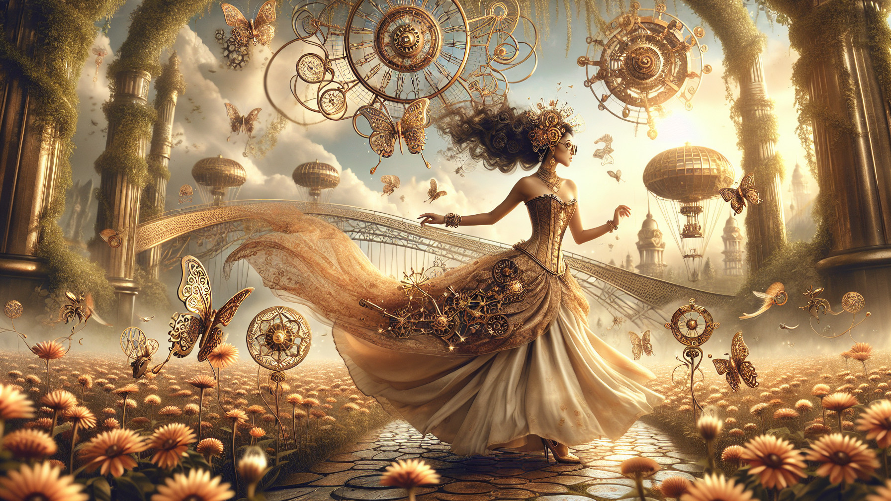 Steampunk Fantasy Landscape with Dancing Woman and Balloons