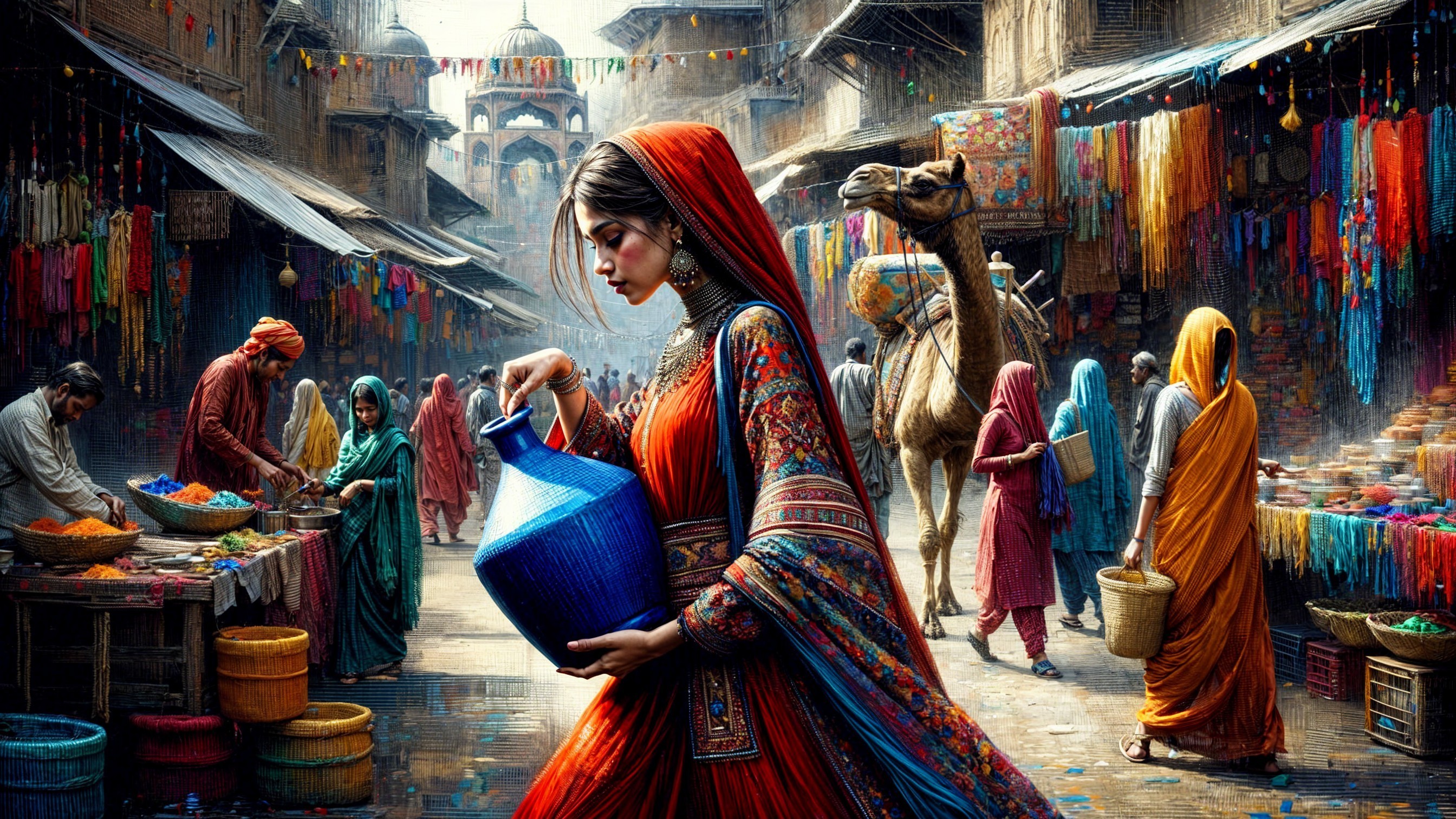 Vibrant Market Scene with Textiles and Camel