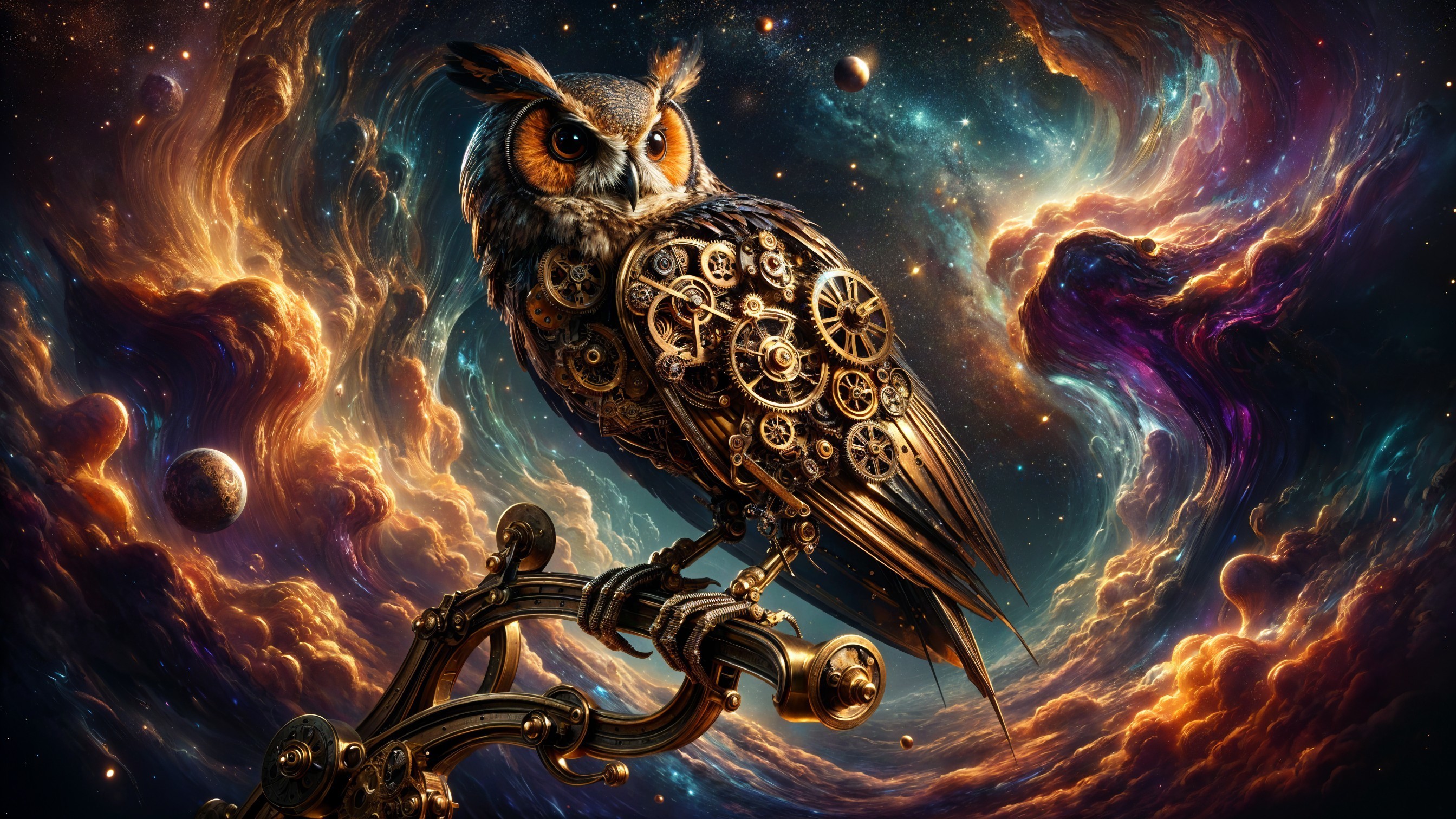 Steampunk Owl on Mechanical Branch in Cosmic Setting