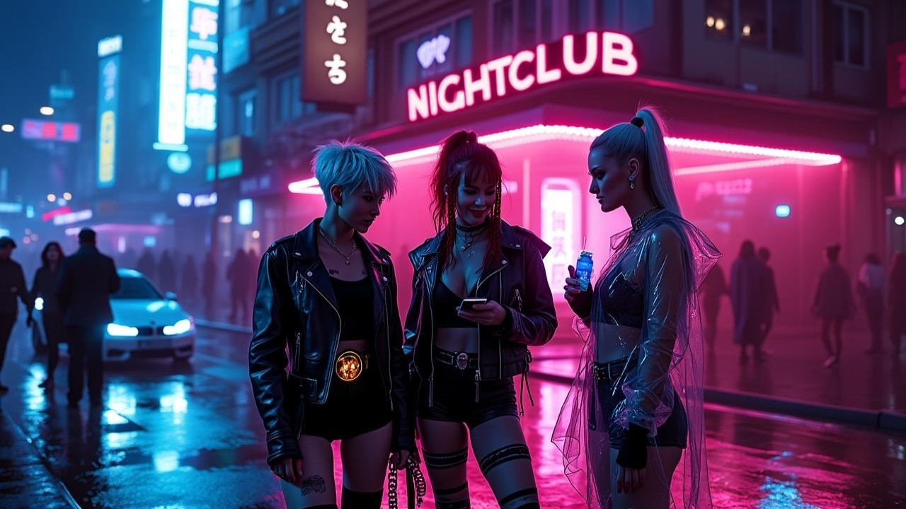 Fashionable Women in Neon-Lit Urban Nightlife Scene