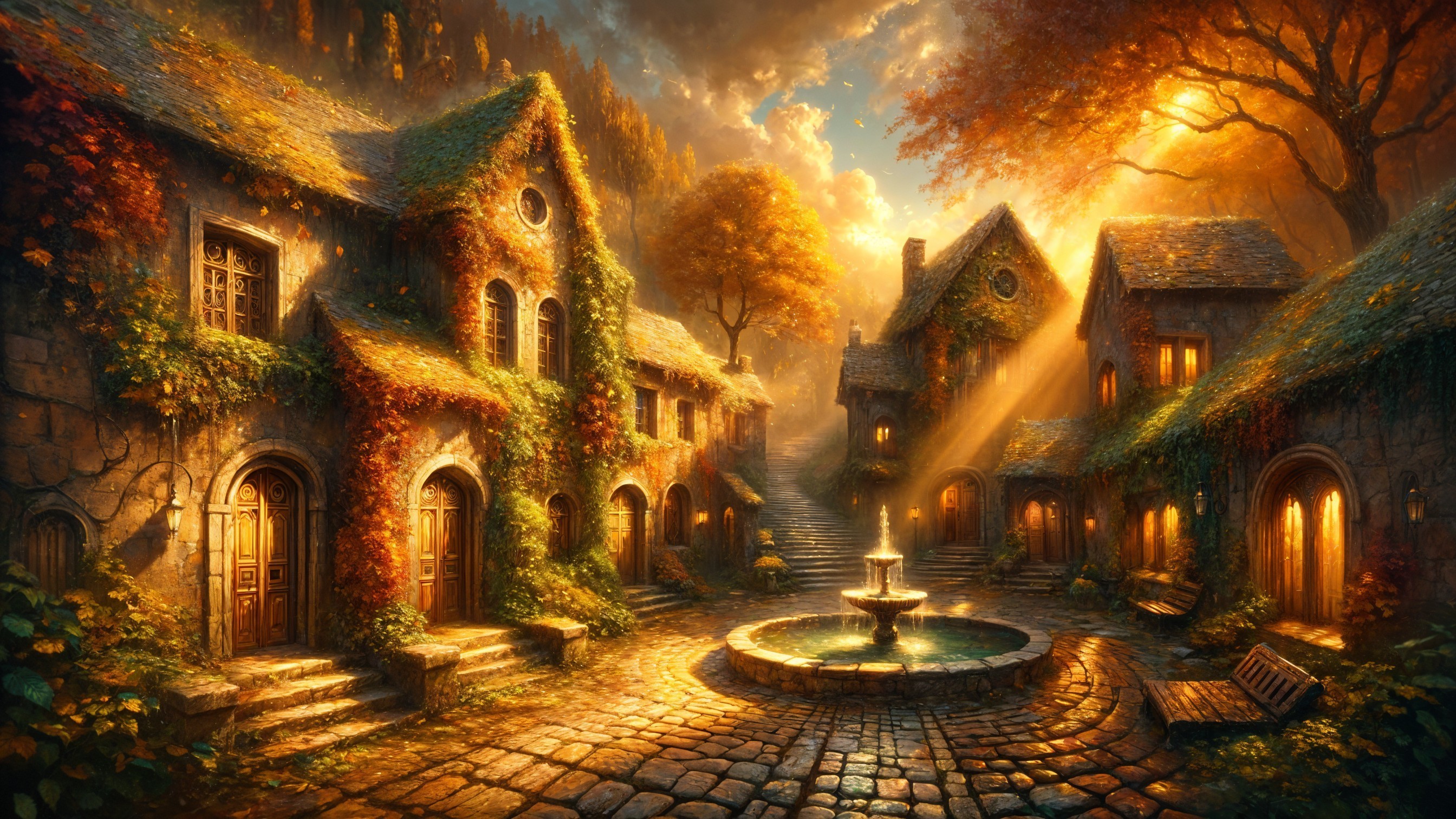 Autumn Village Scene with Stone Cottages and Fountain